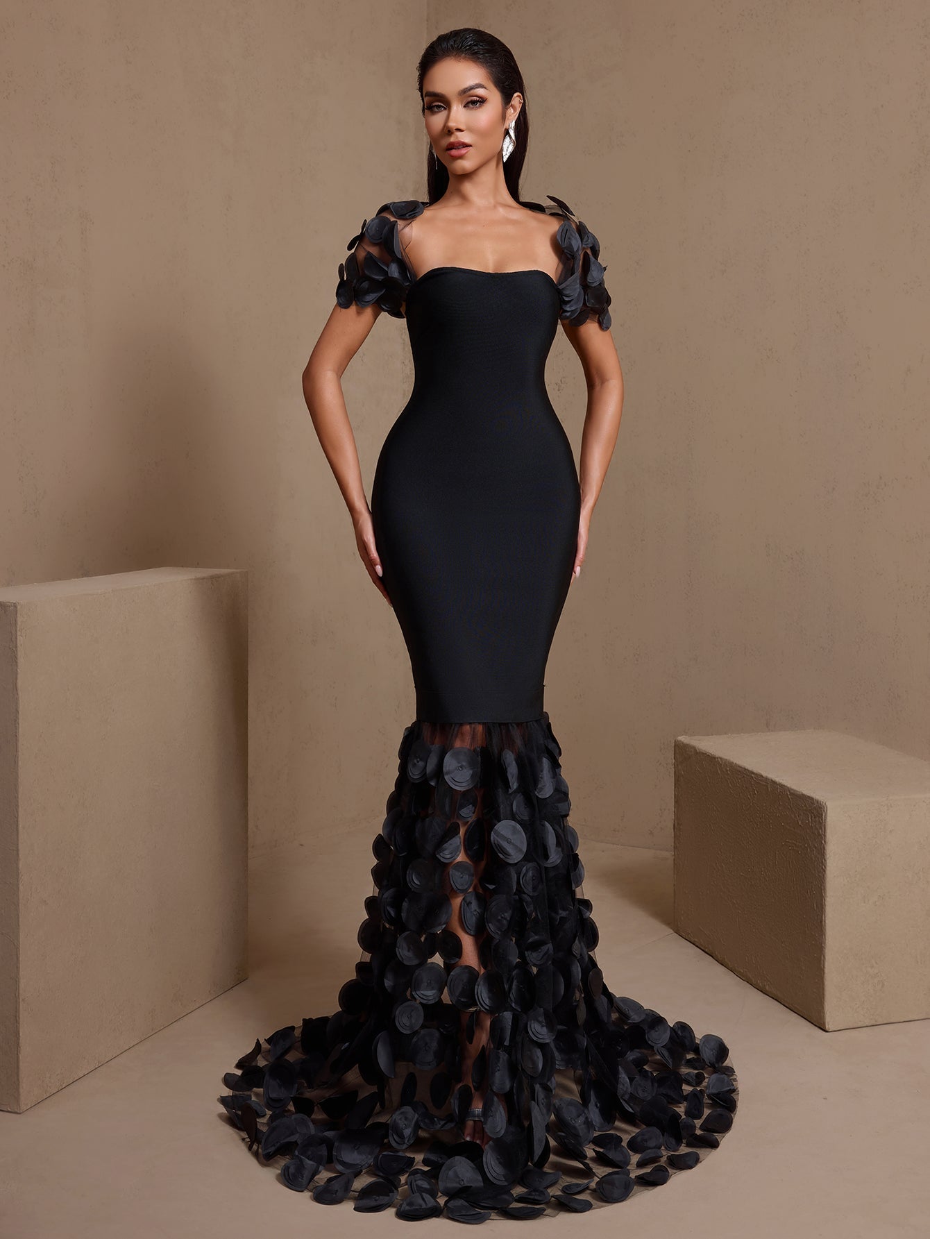 Black mermaid bandage maxi dress with dimensional shoulder appliqués