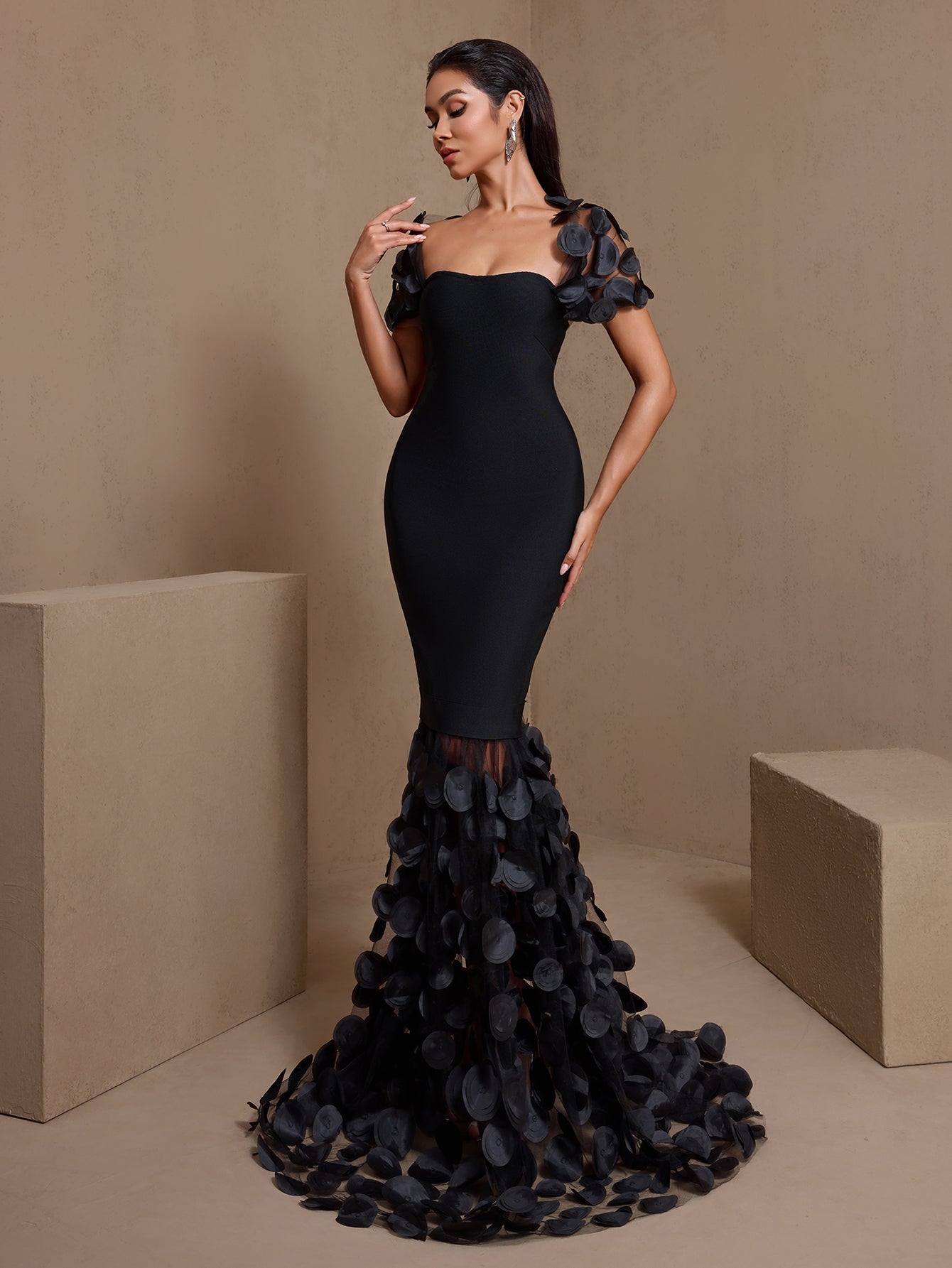 Black polka dot fishtail bandage maxi dress, front view