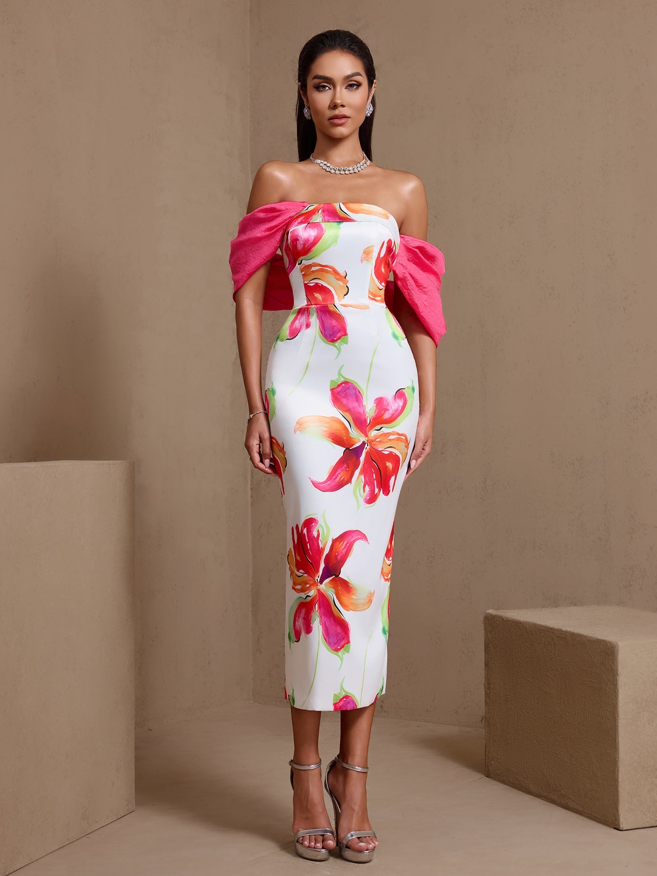 Rose Red printed off-shoulder satin midi dress, front view
