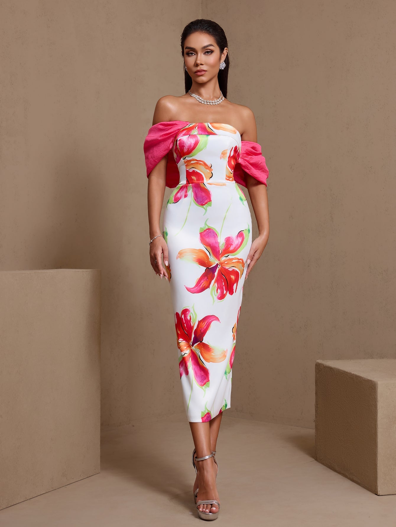 Rose Red printed off-shoulder satin midi dress, fitted midi silhouette