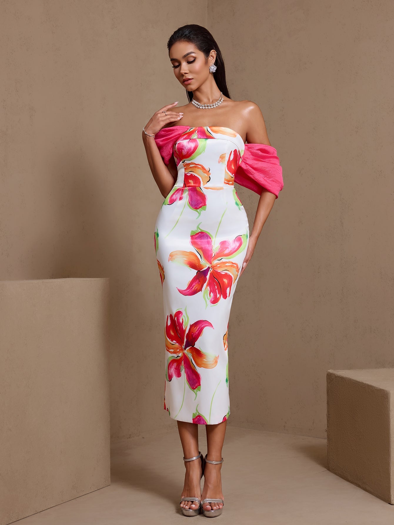 Rose Red printed off-shoulder satin midi dress, angled front view