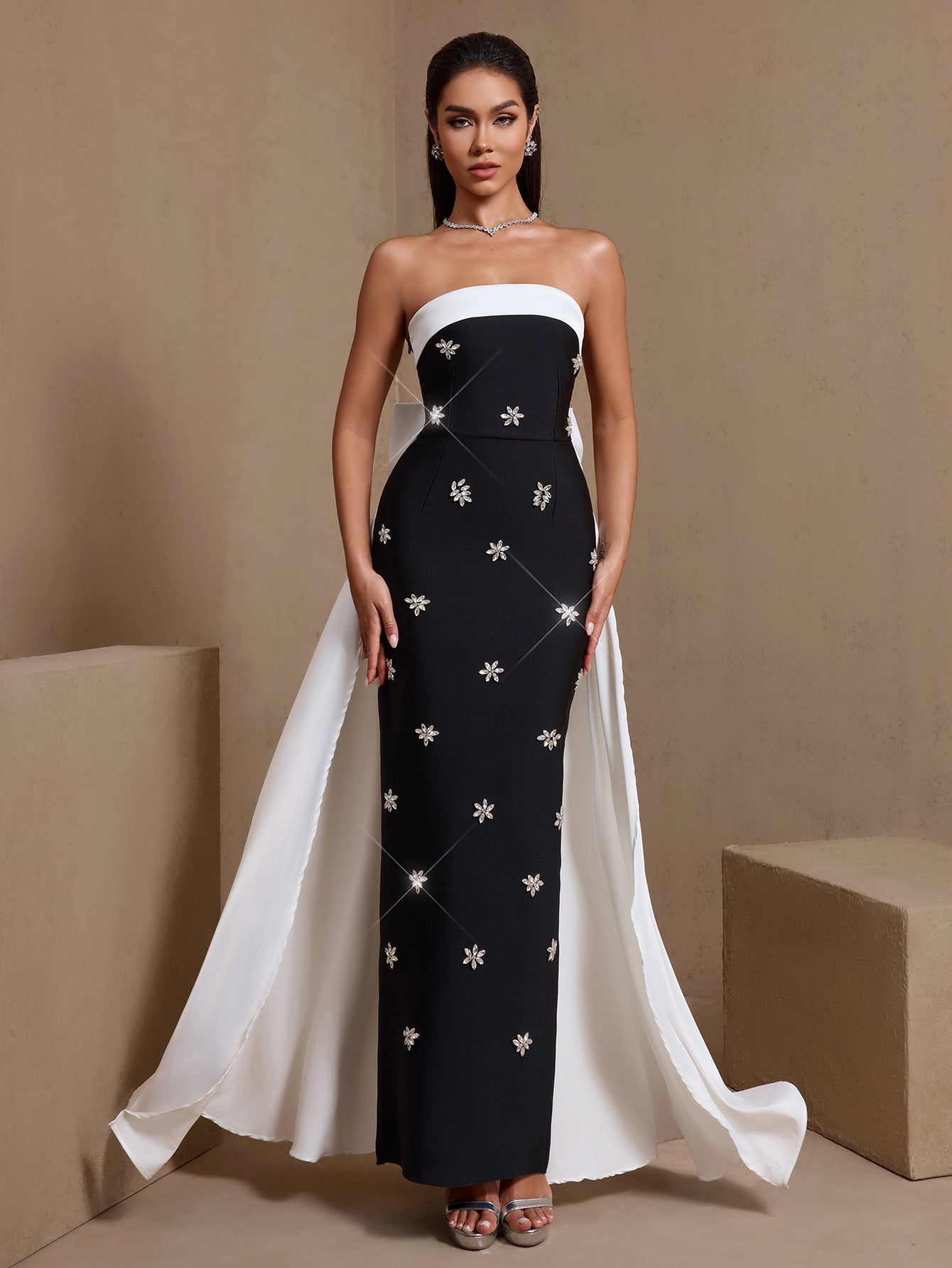 Black rhinestone bow sash strapless bandage maxi dress, front view