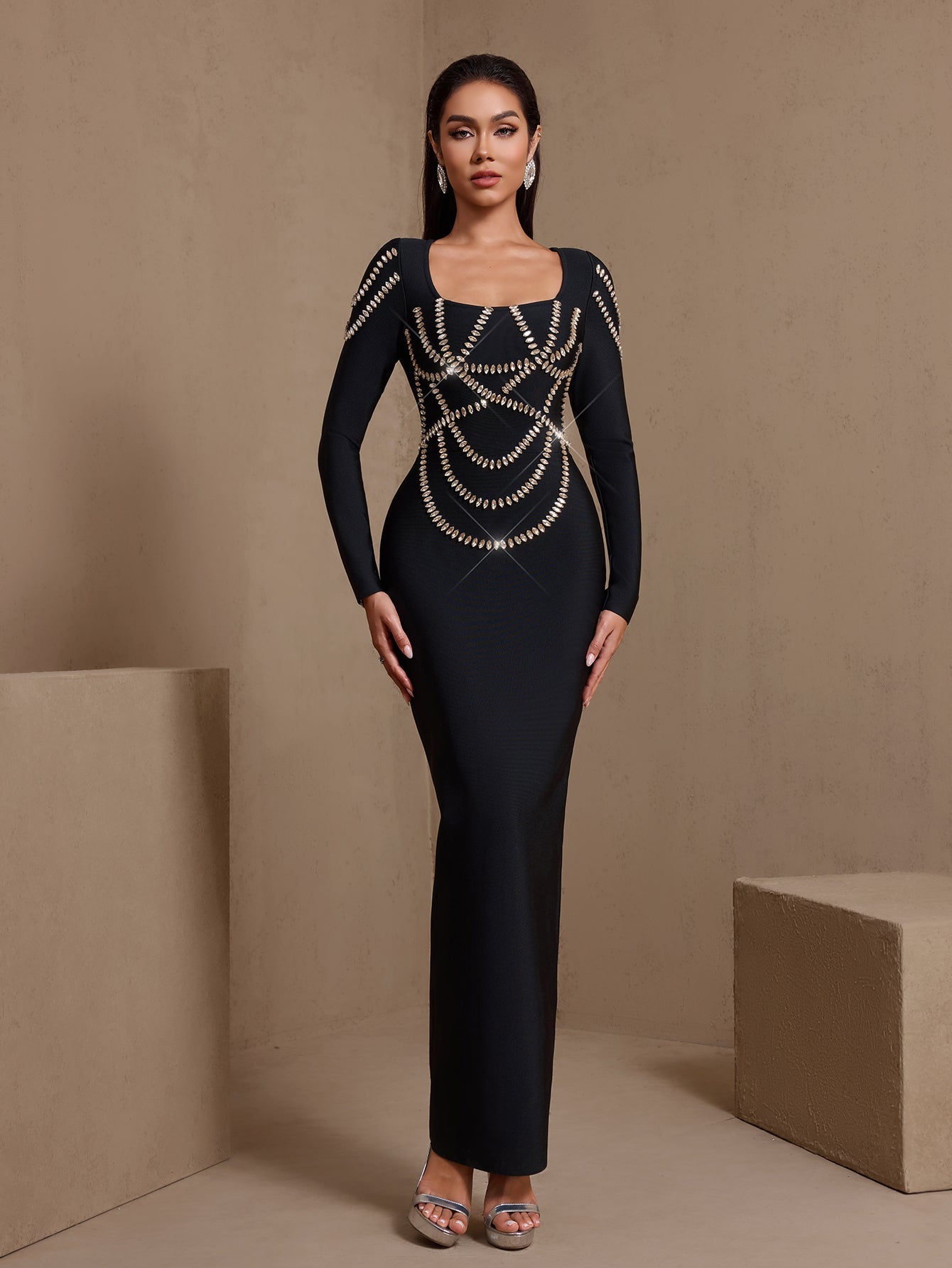 Black rhinestone chain square-neck bandage maxi dress, front view