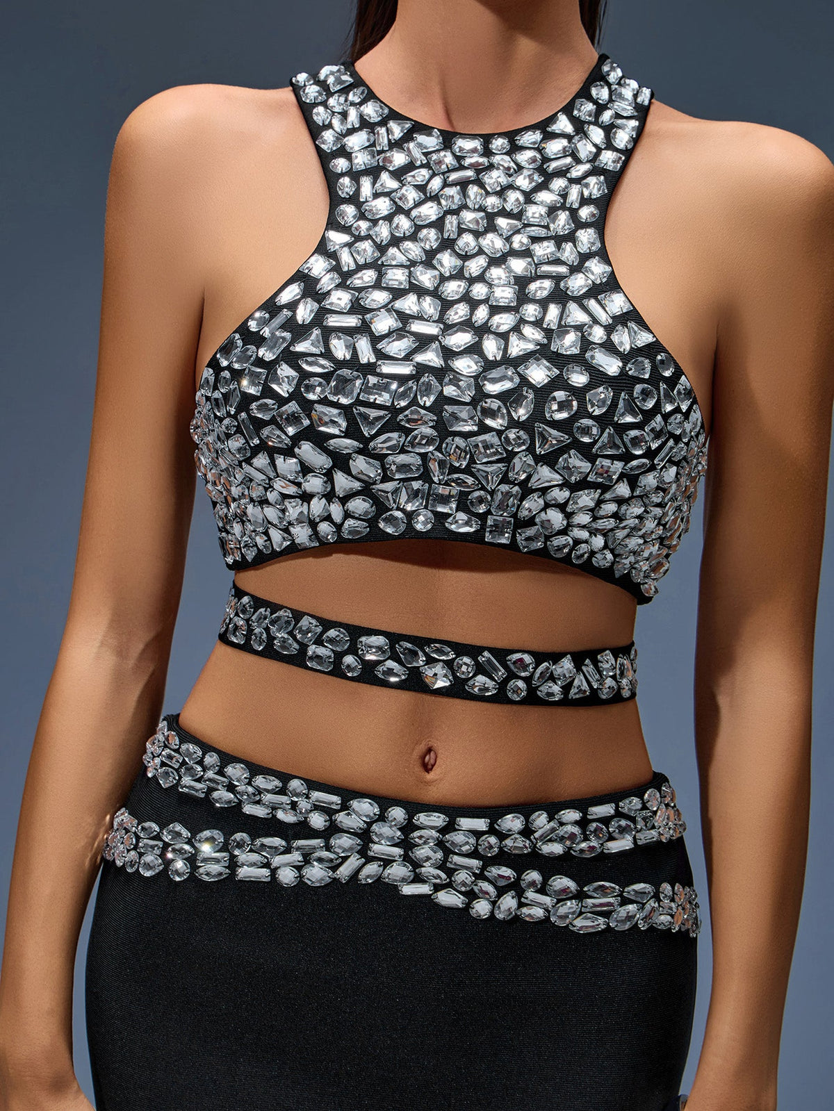 Rhinestone Crop Top and Bandage Maxi Skirt Set, back view