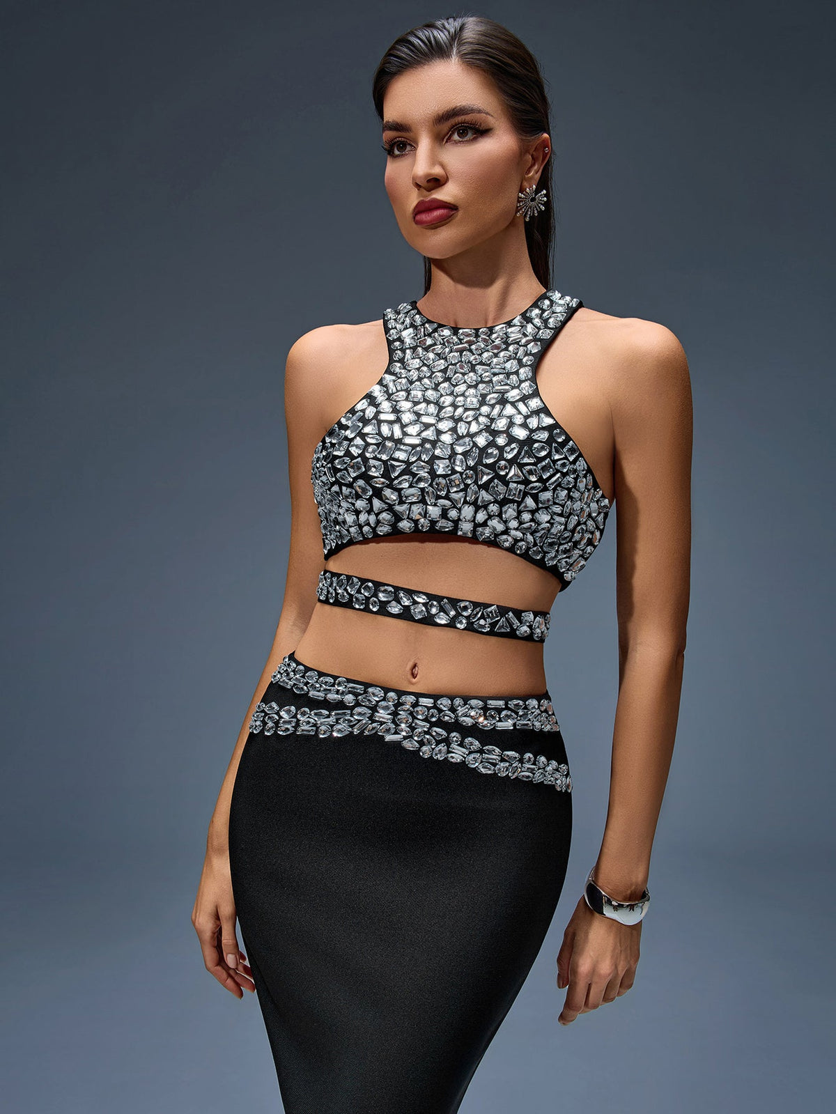 Rhinestone Crop Top and Bandage Maxi Skirt Set, detail view