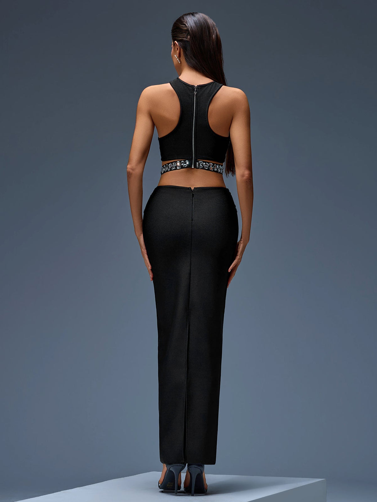Rhinestone Crop Top and Bandage Maxi Skirt Set, front full-length view