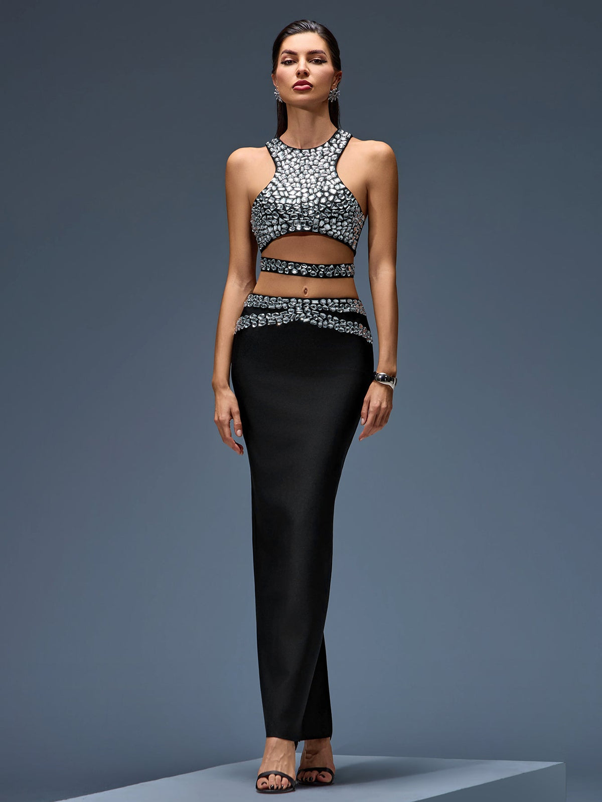 Rhinestone Crop Top and Bandage Maxi Skirt Set, back detail view
