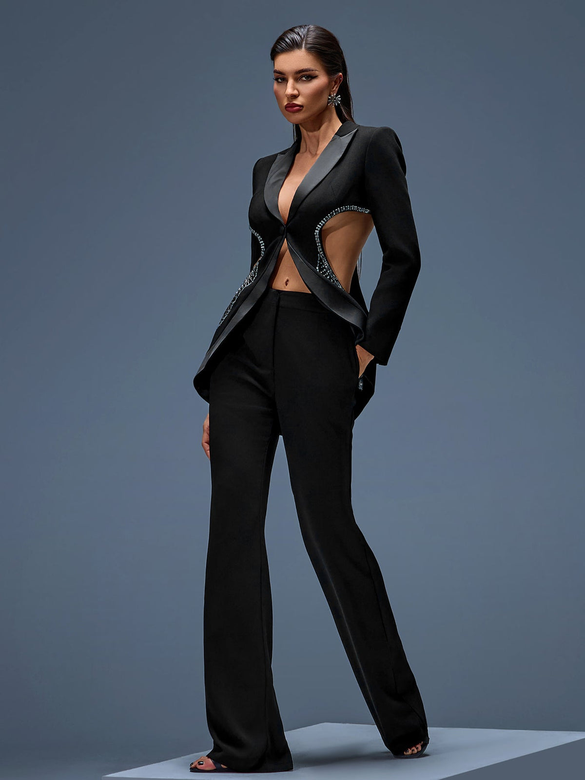 Rhinestone Cutout Jacket Two-Piece Set, front view