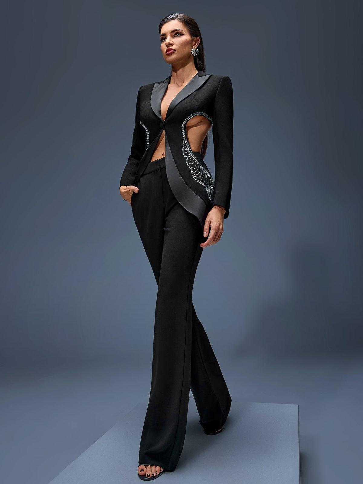 Rhinestone Cutout Jacket Two-Piece Set, detail view