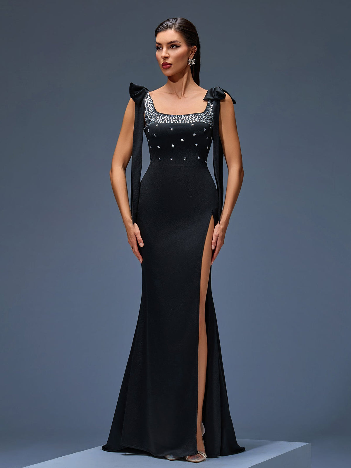 Rhinestone Detail High-Slit Evening Dress, front view