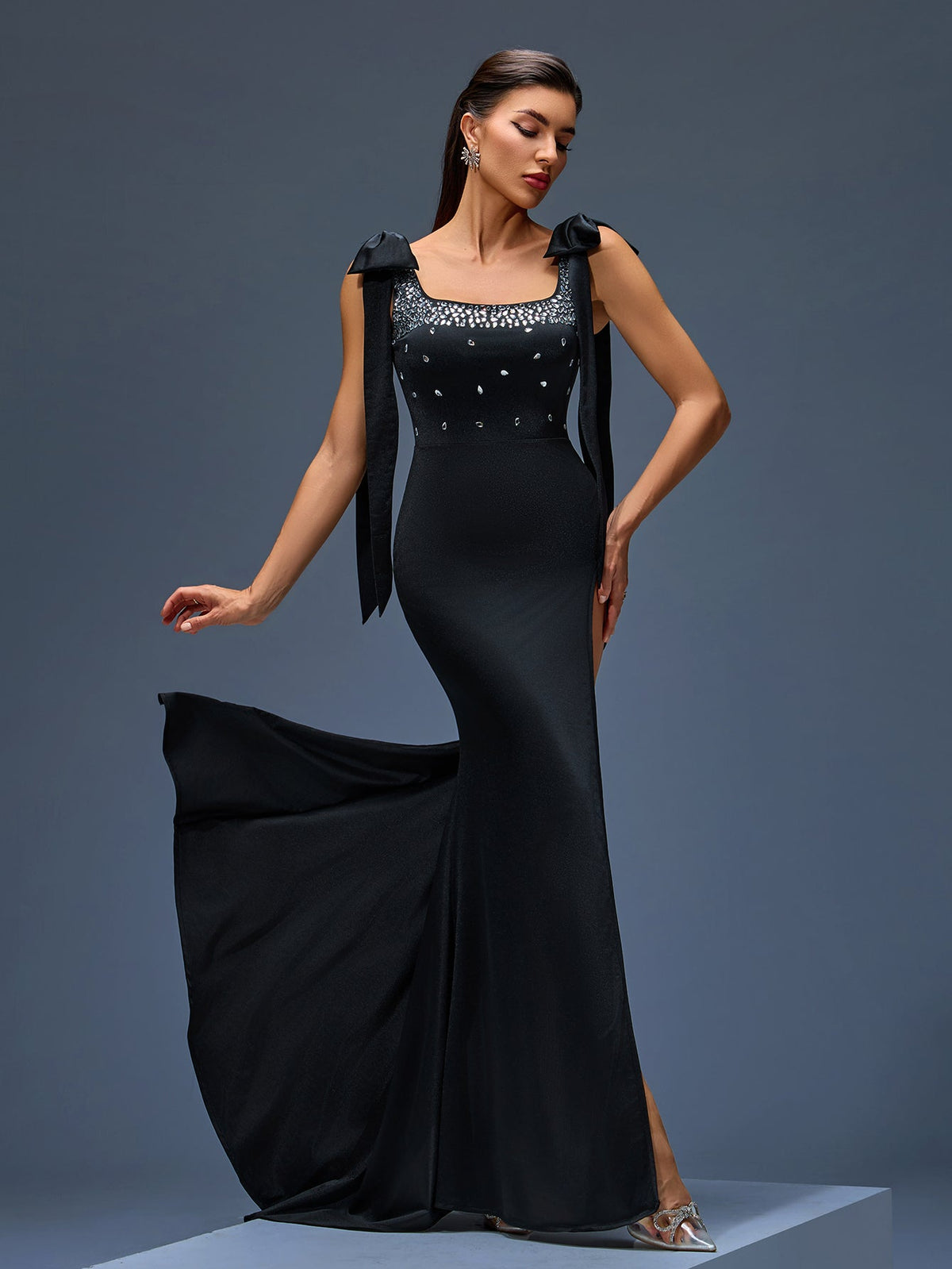 Rhinestone Detail High-Slit Evening Dress, front full-length view