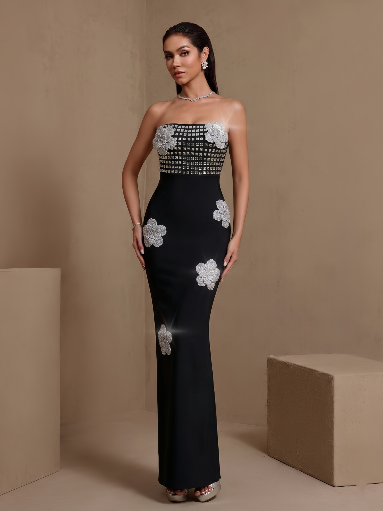 Black rhinestone floral strapless bandage maxi dress, front view