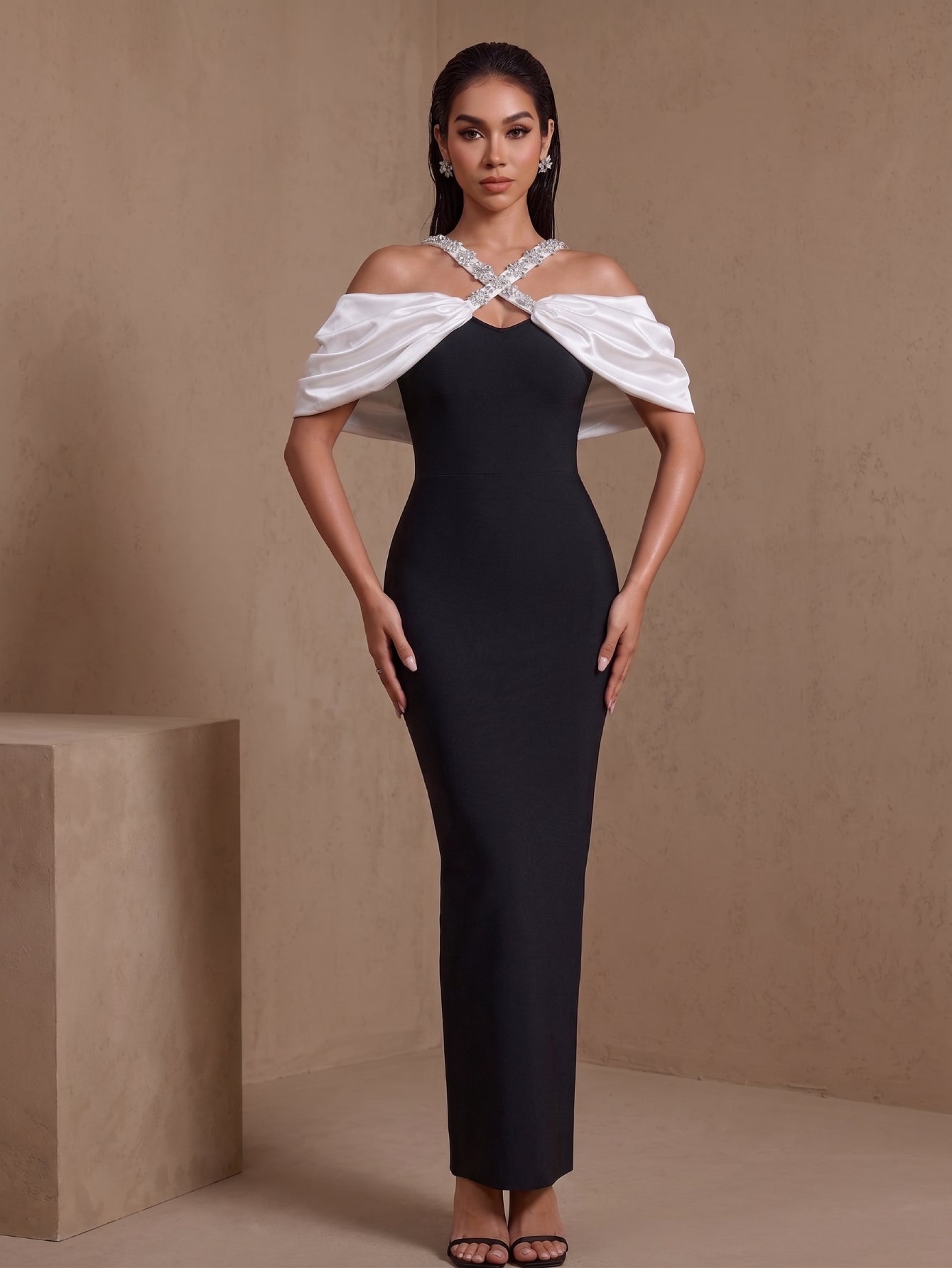 Black rhinestone halter off-shoulder bandage maxi dress, front view
