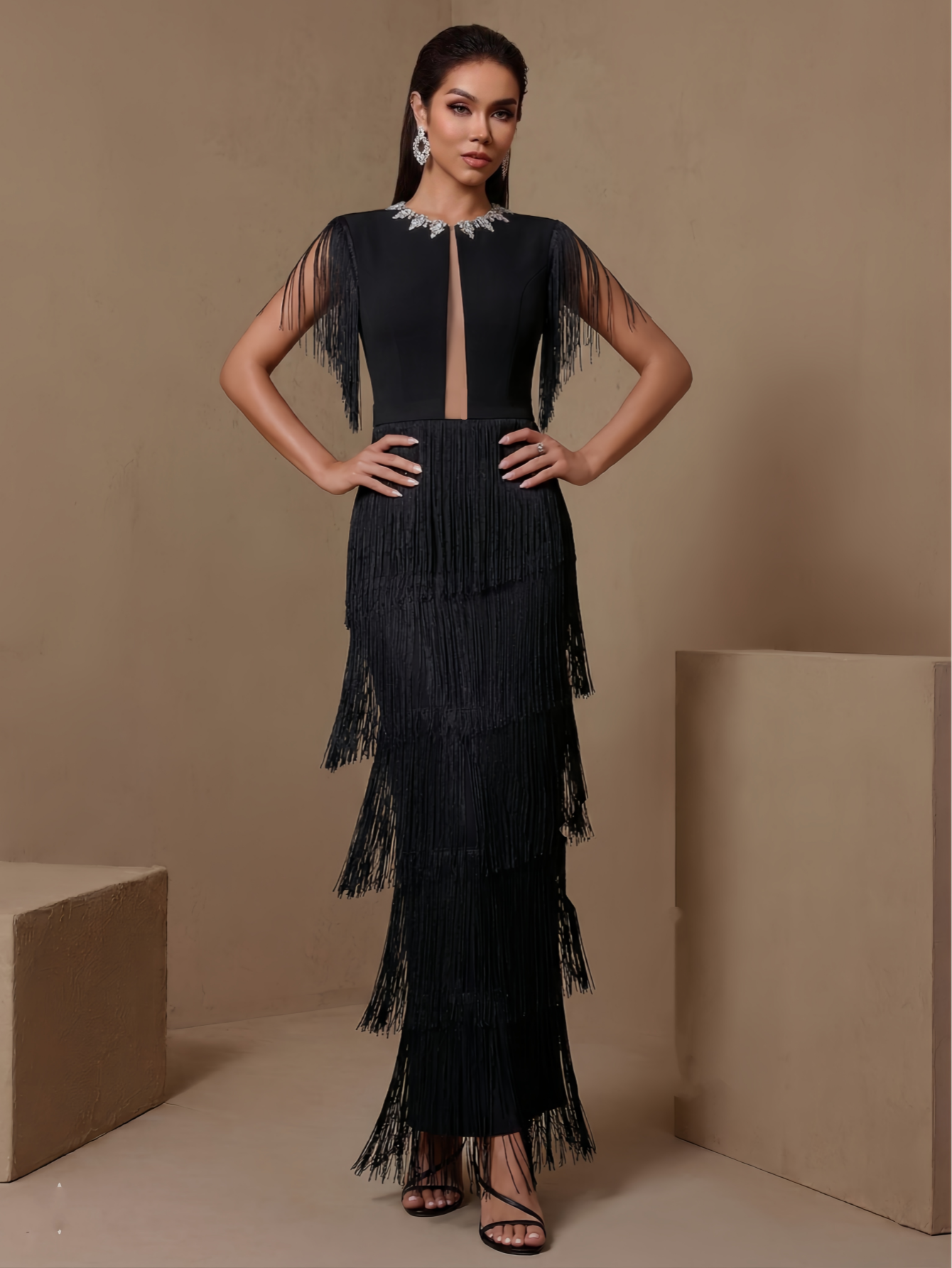 Black rhinestone keyhole fringe bandage maxi dress, straight front view