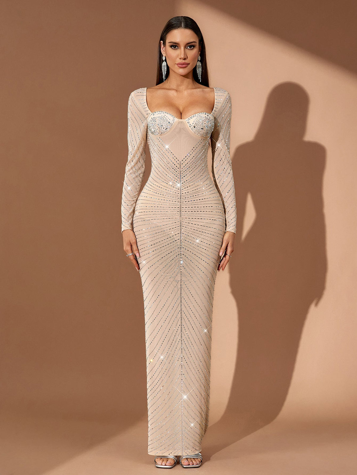 Rhinestone Mesh Illusion Maxi Dress, front view