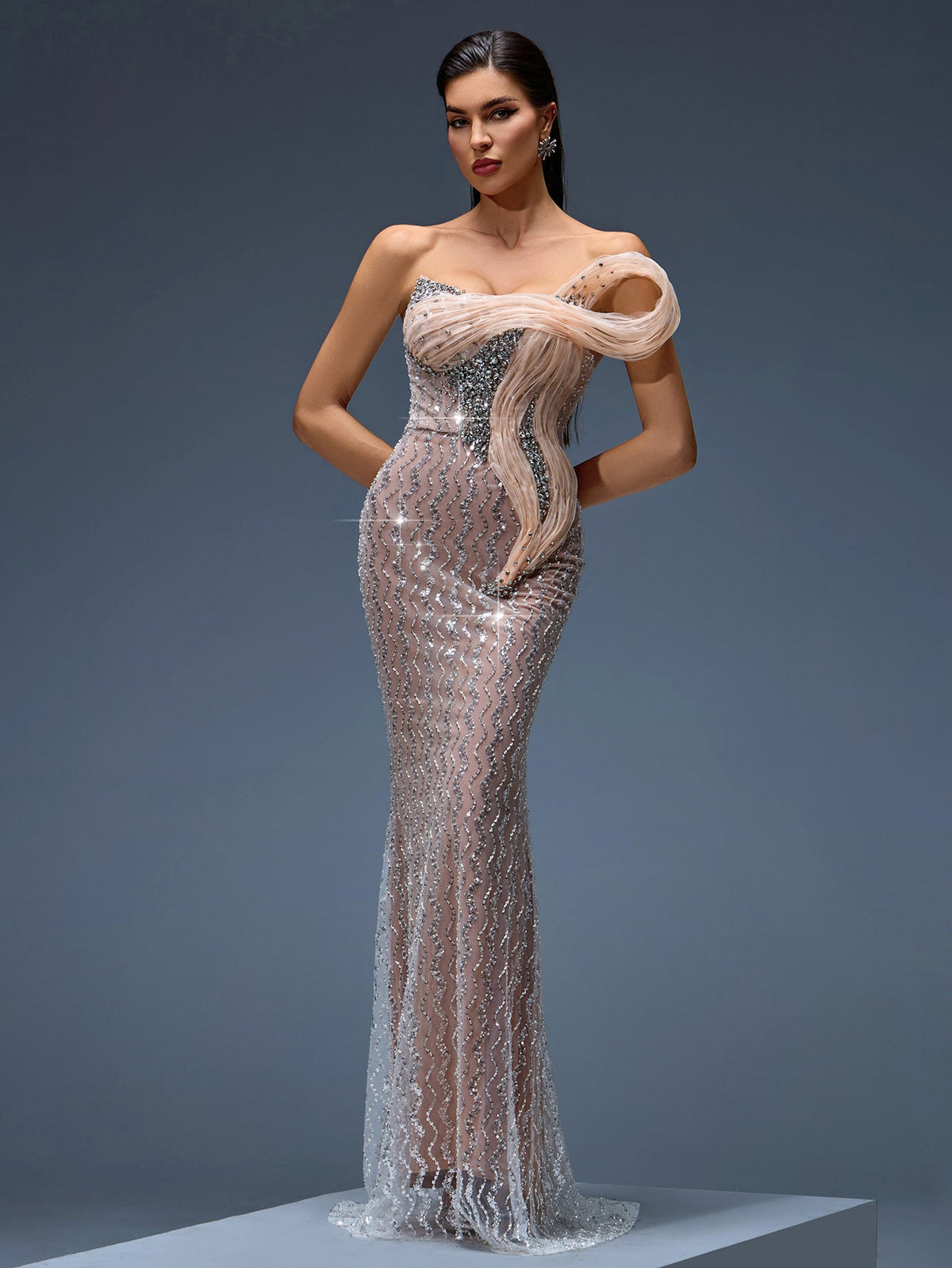 Rhinestone Ripple Ruffled Maxi Gown, detail view