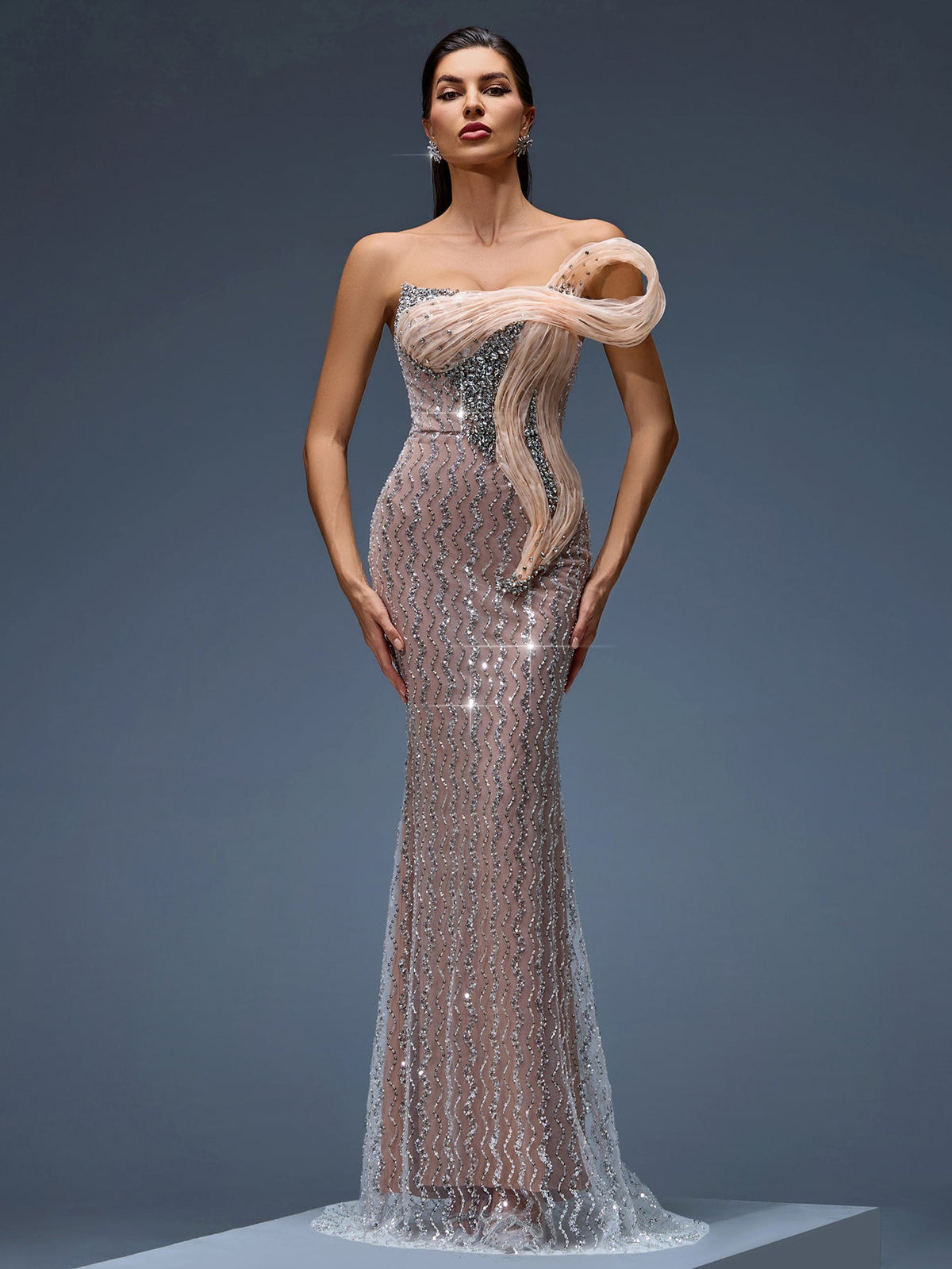 Rhinestone Ripple Ruffled Maxi Gown, back detail view