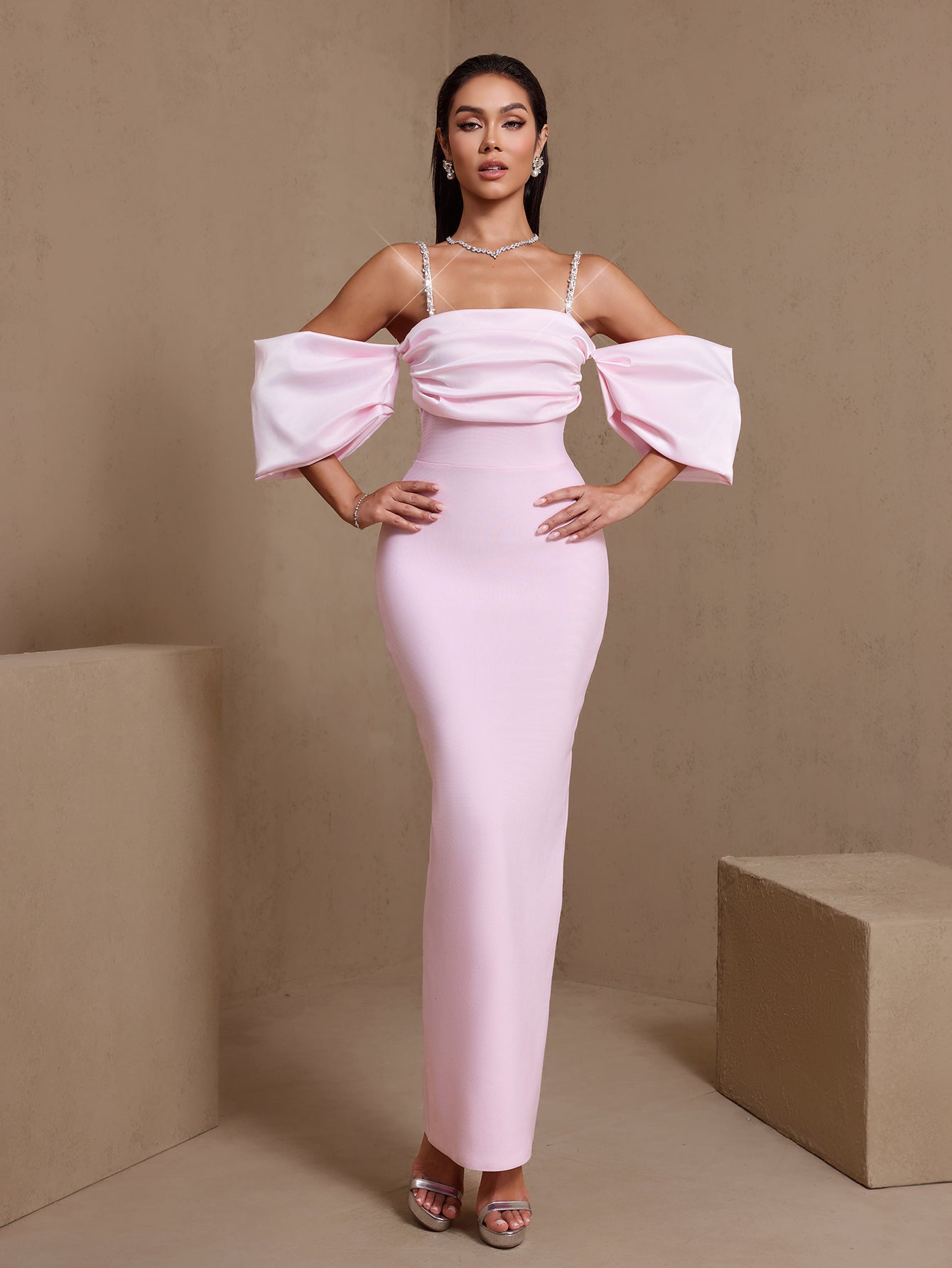 Pink rhinestone strap pleated bandage maxi dress, full-length front view