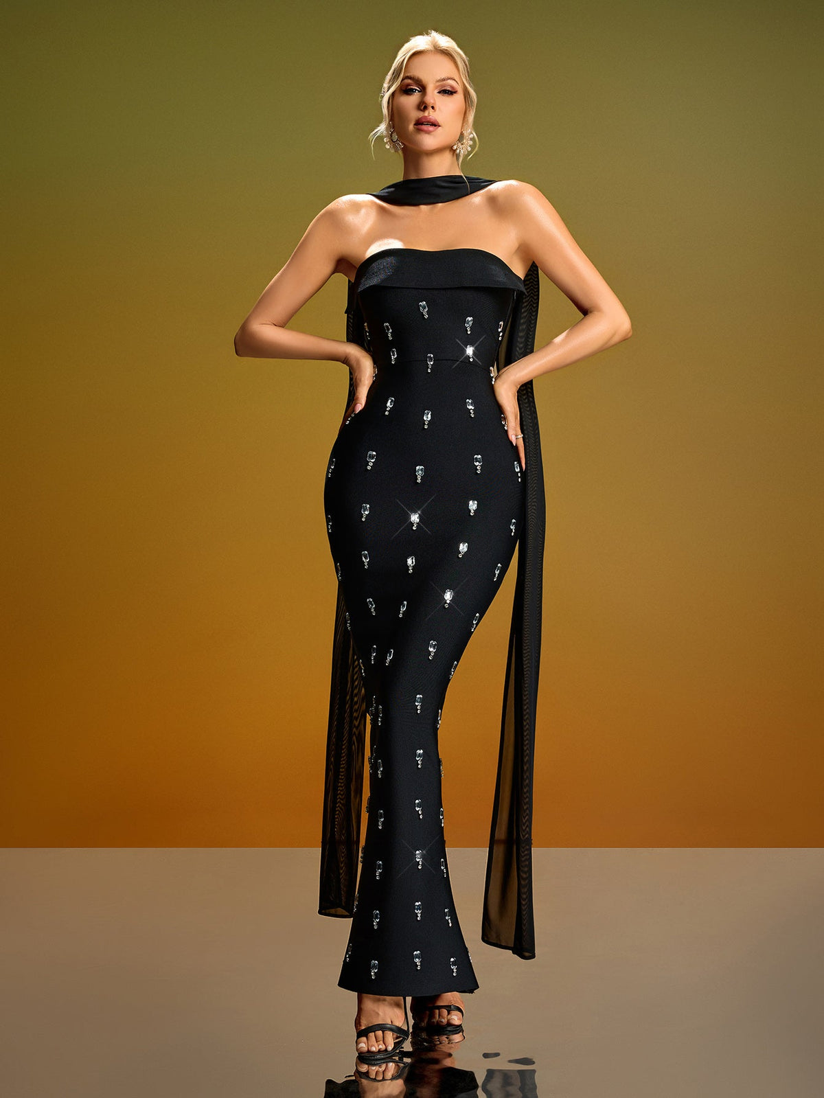Rhinestone Strapless Maxi Dress with Scarf, front full-length view