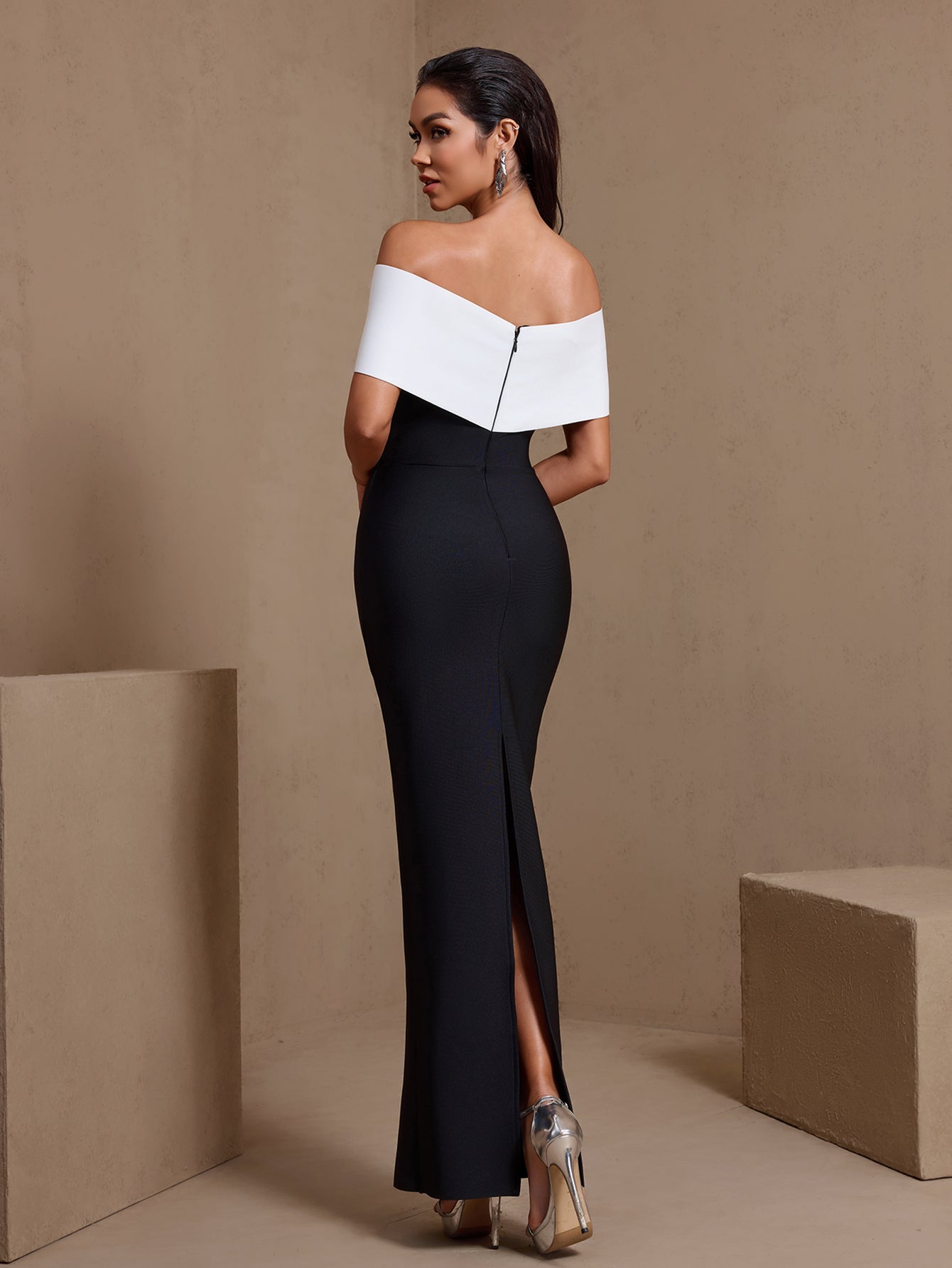 Black rosette off-shoulder bandage maxi dress, rear view