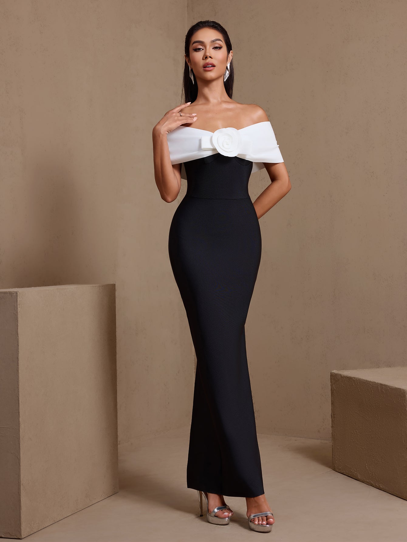 Black rosette off-shoulder bandage maxi dress, full-length front view