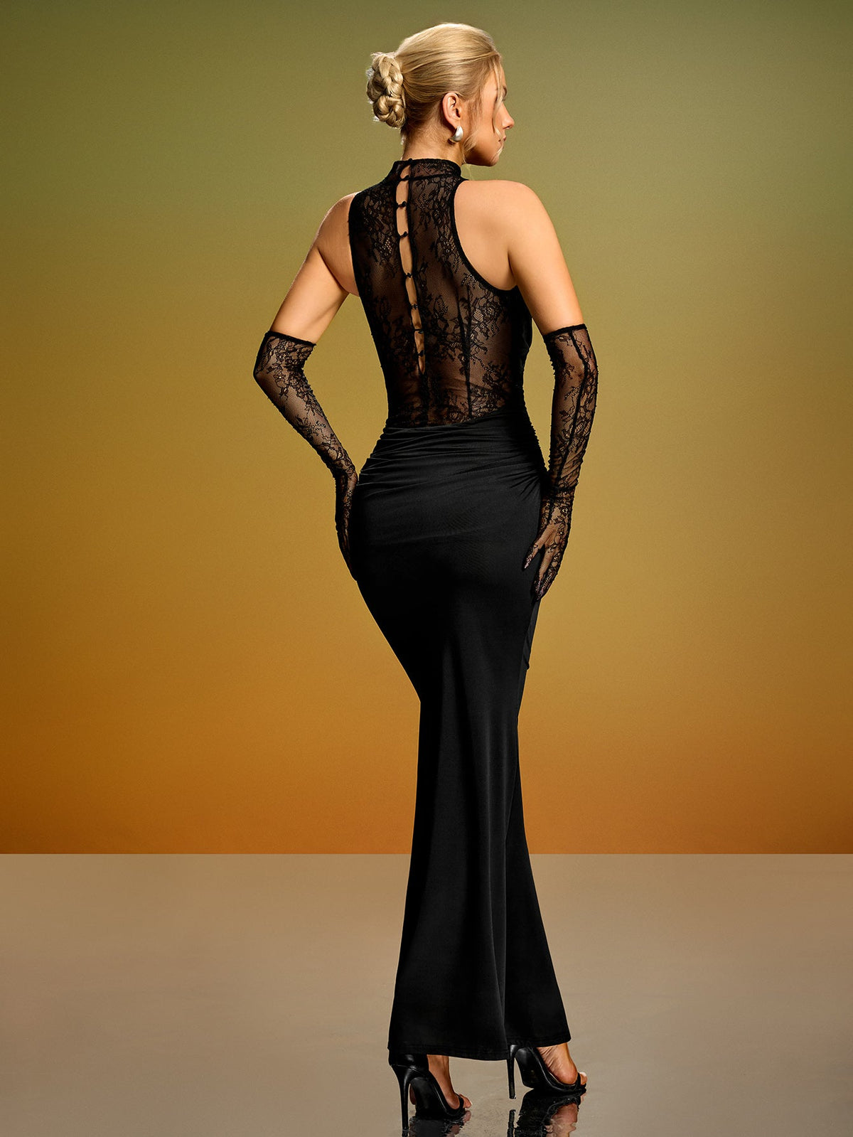 Ruched Lace Evening Gown with Gloves, side view