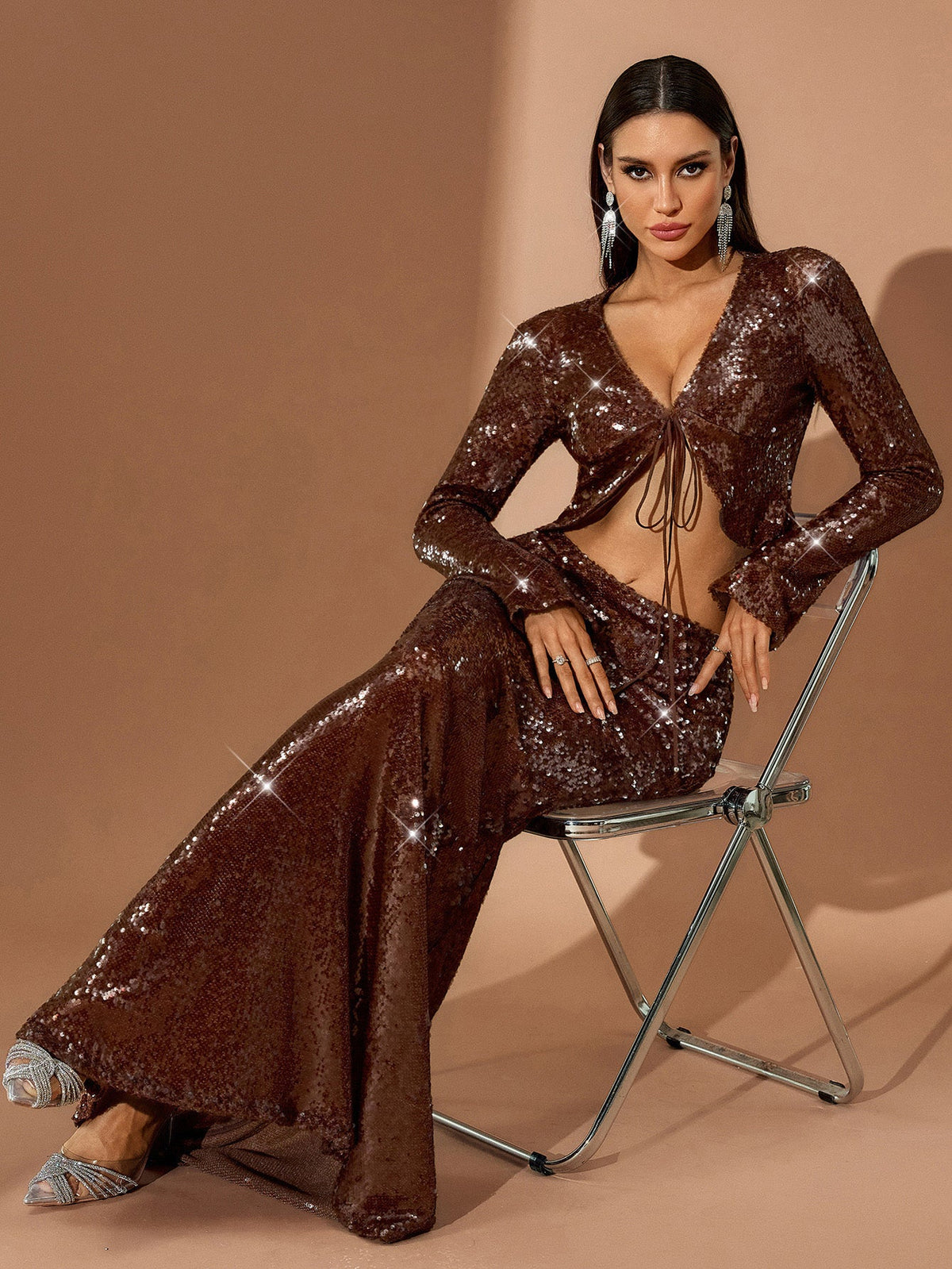 Sequin Cardigan Cutout Maxi Skirt Set, three-quarter view