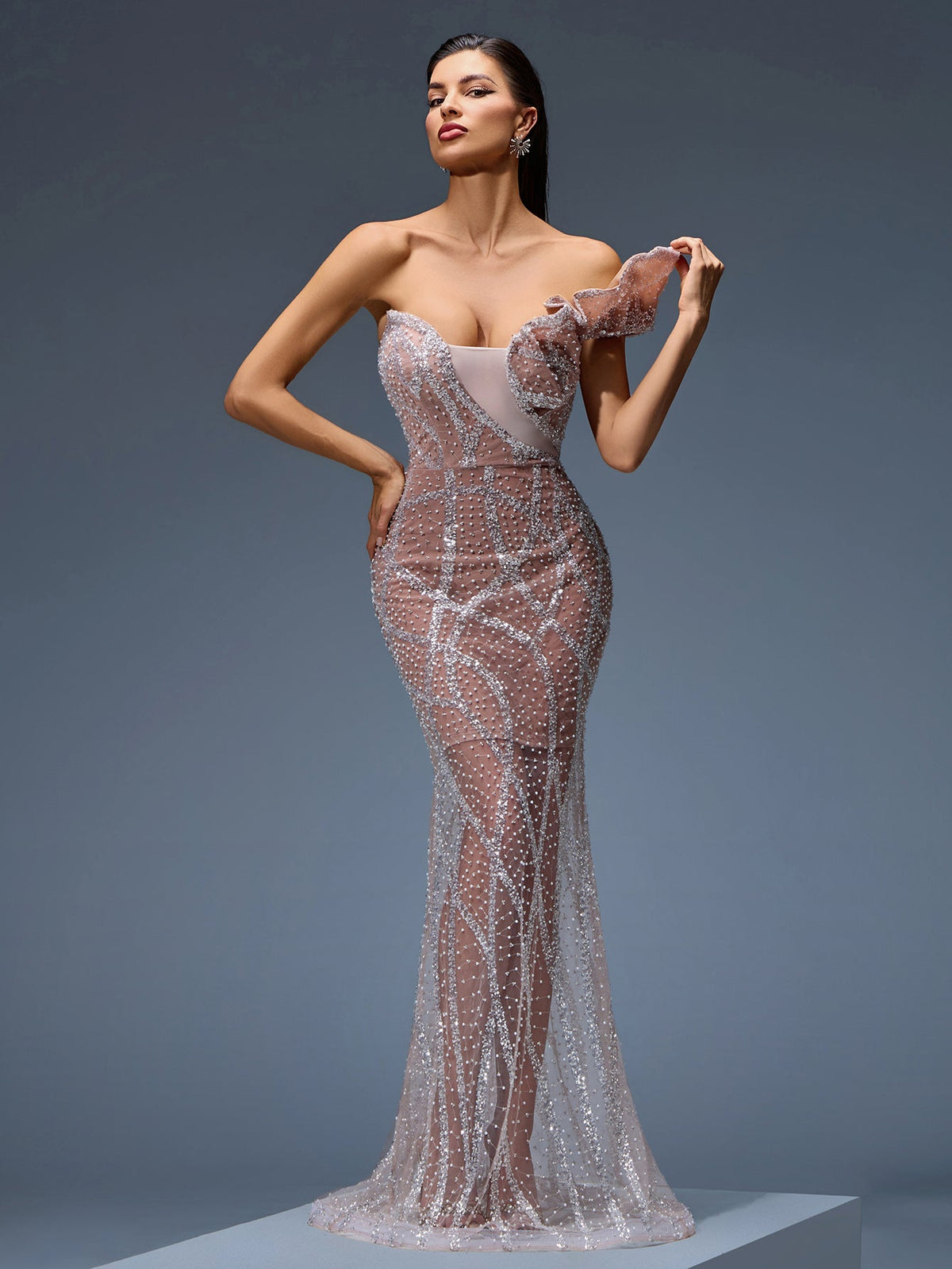 Sequin Detail Beaded Mesh Evening Gown, detail view