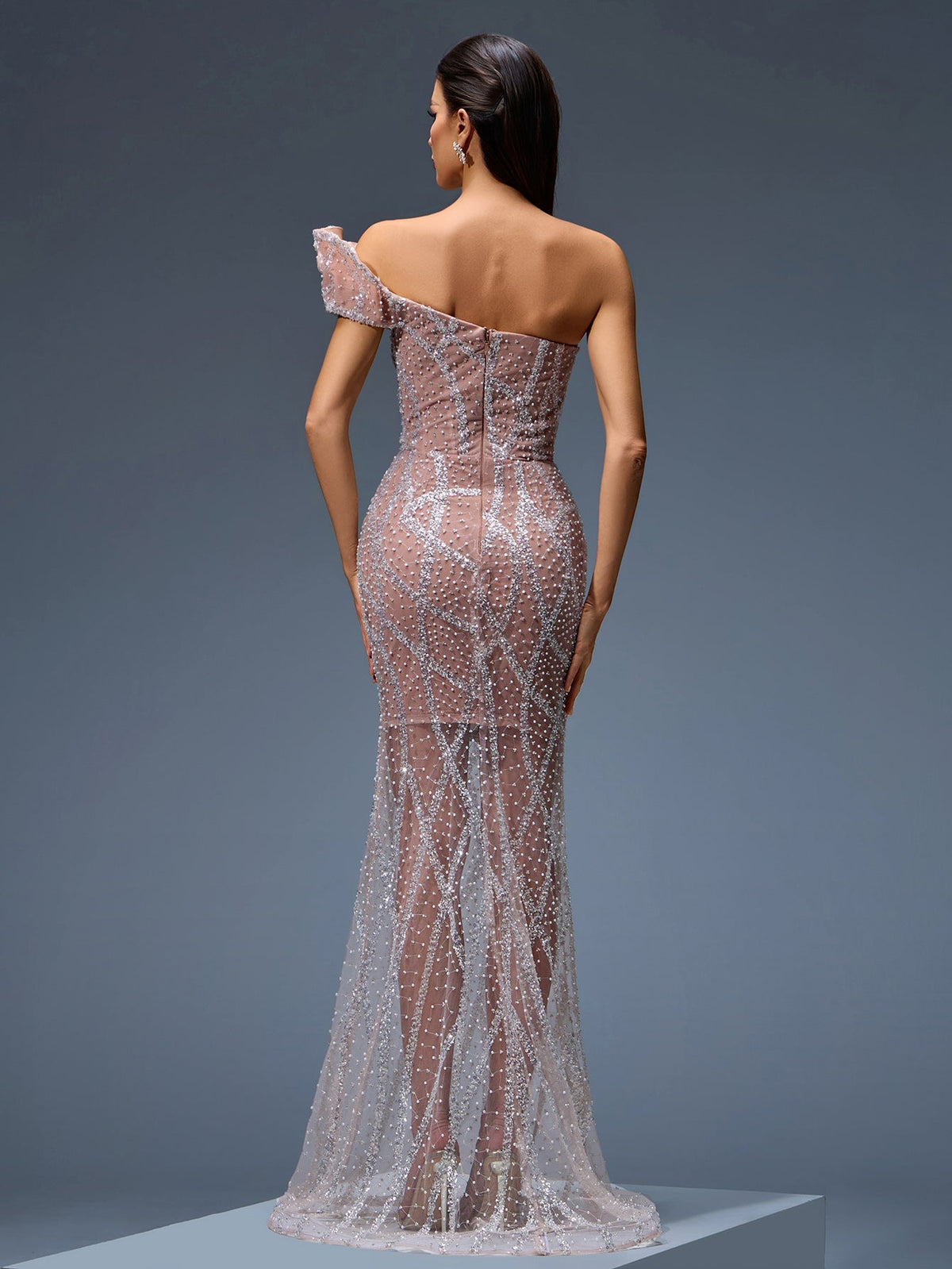 Sequin Detail Beaded Mesh Evening Gown, back detail view