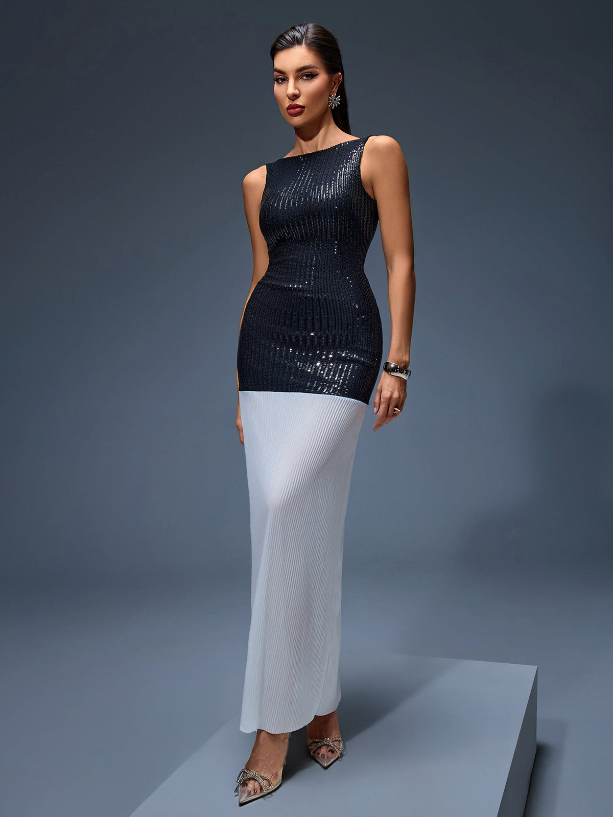 Sequin Patchwork Backless Maxi Dress, front view