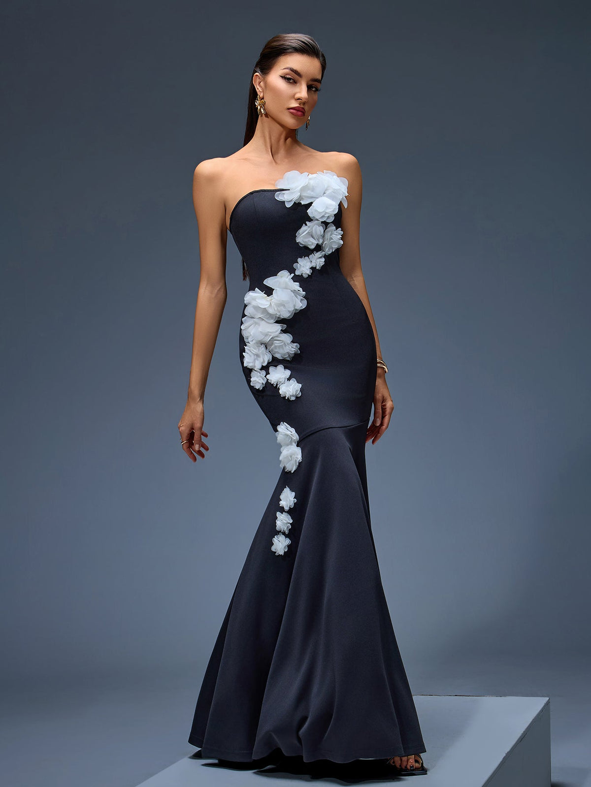 Strapless 3D Floral Mermaid Maxi Dress, front view