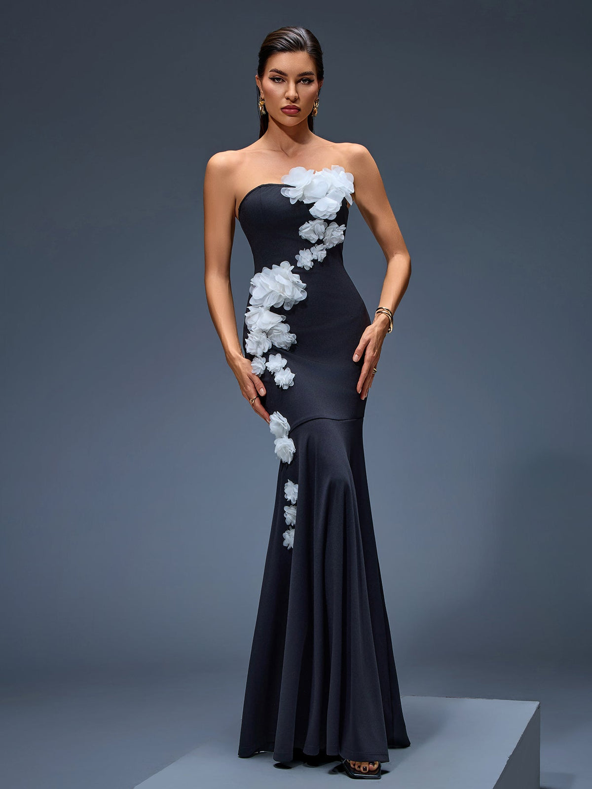 Strapless 3D Floral Mermaid Maxi Dress, front full-length view