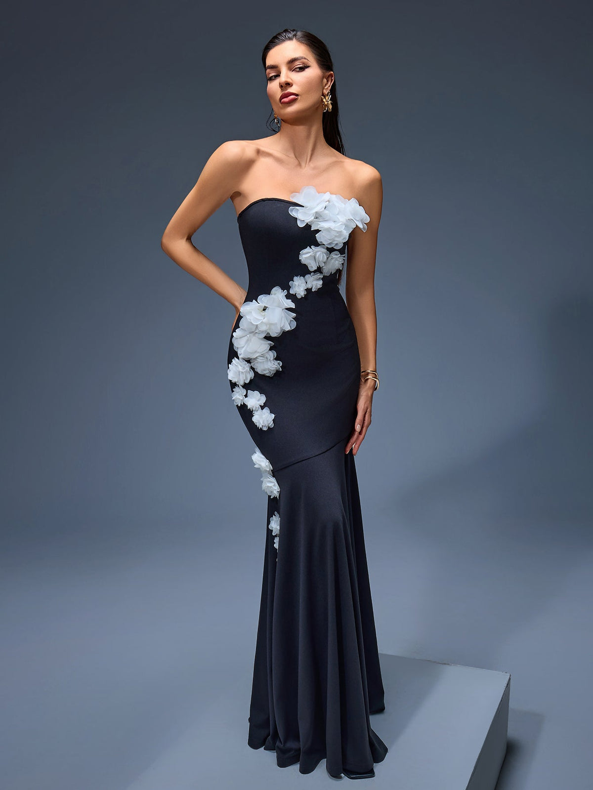 Strapless 3D Floral Mermaid Maxi Dress, back detail view