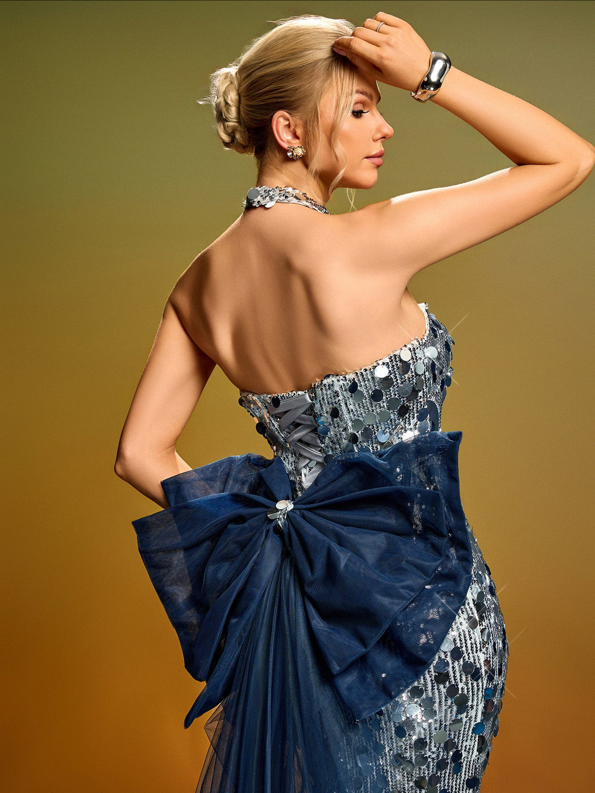 Strapless Bow Train Sequin Gown, detail view