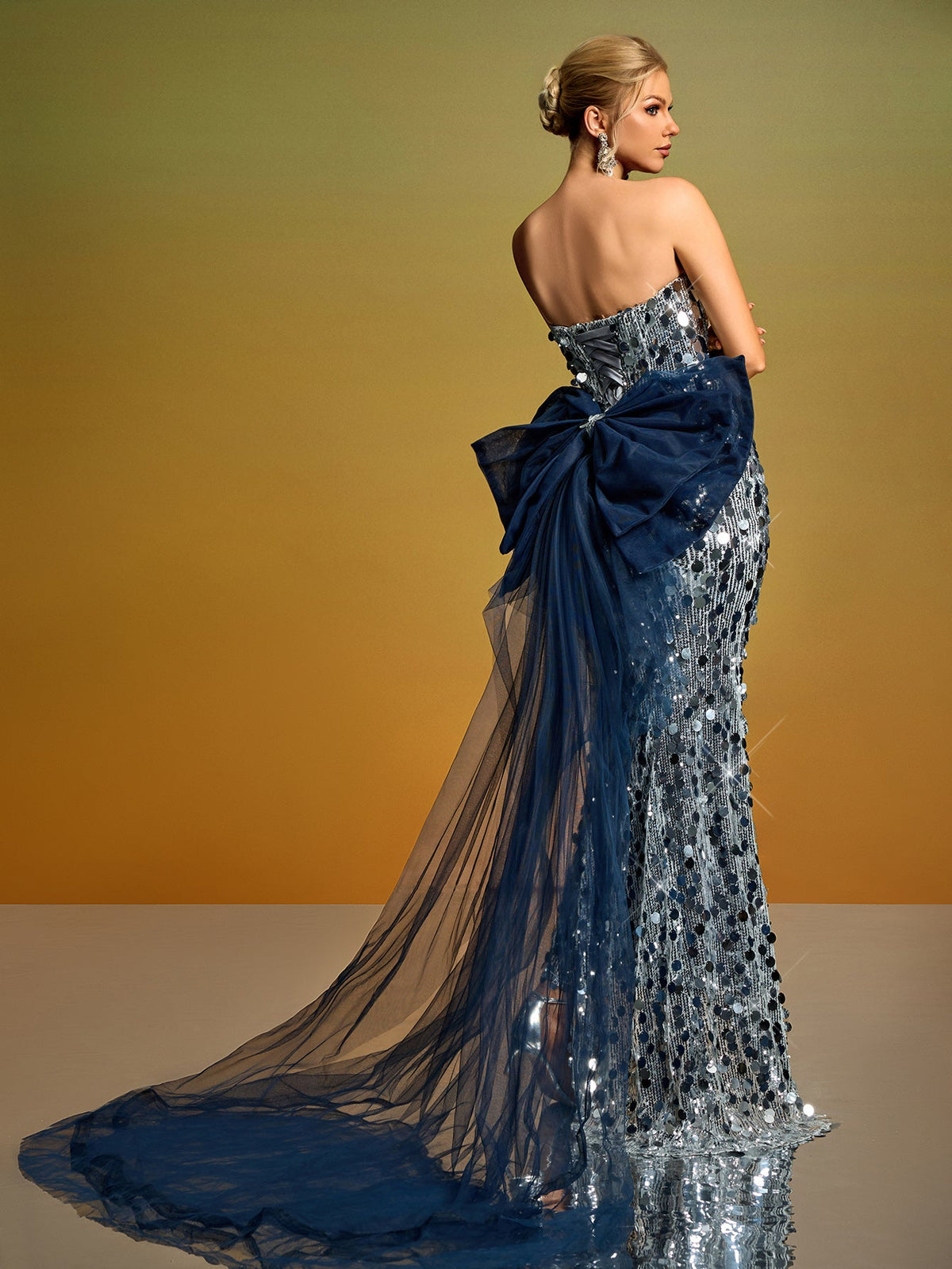 Strapless Bow Train Sequin Gown, side view