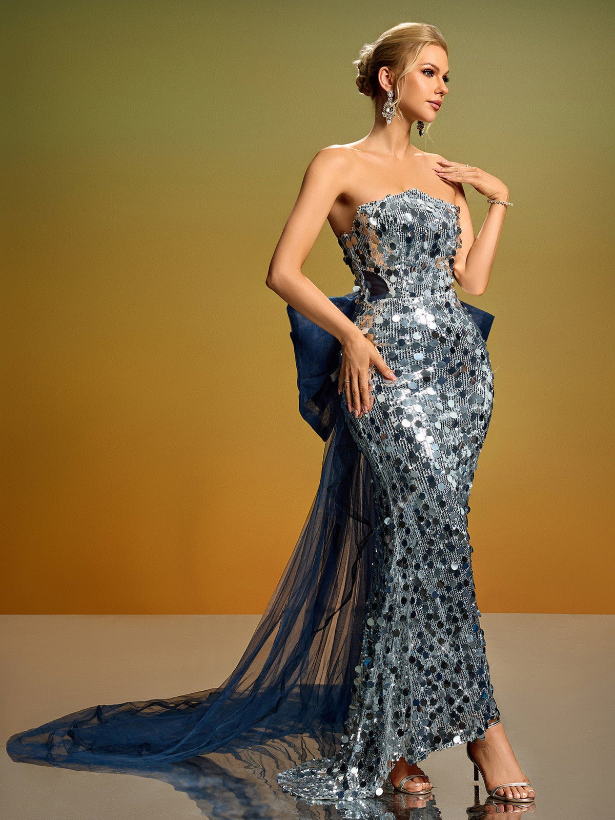 Strapless Bow Train Sequin Gown, front full-length view