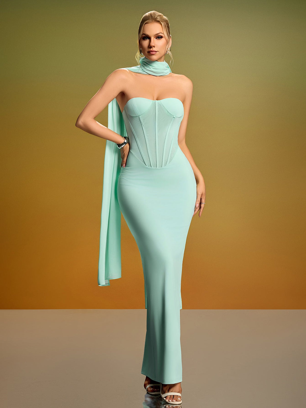 Strapless Bustier Maxi Dress with Scarf, front view