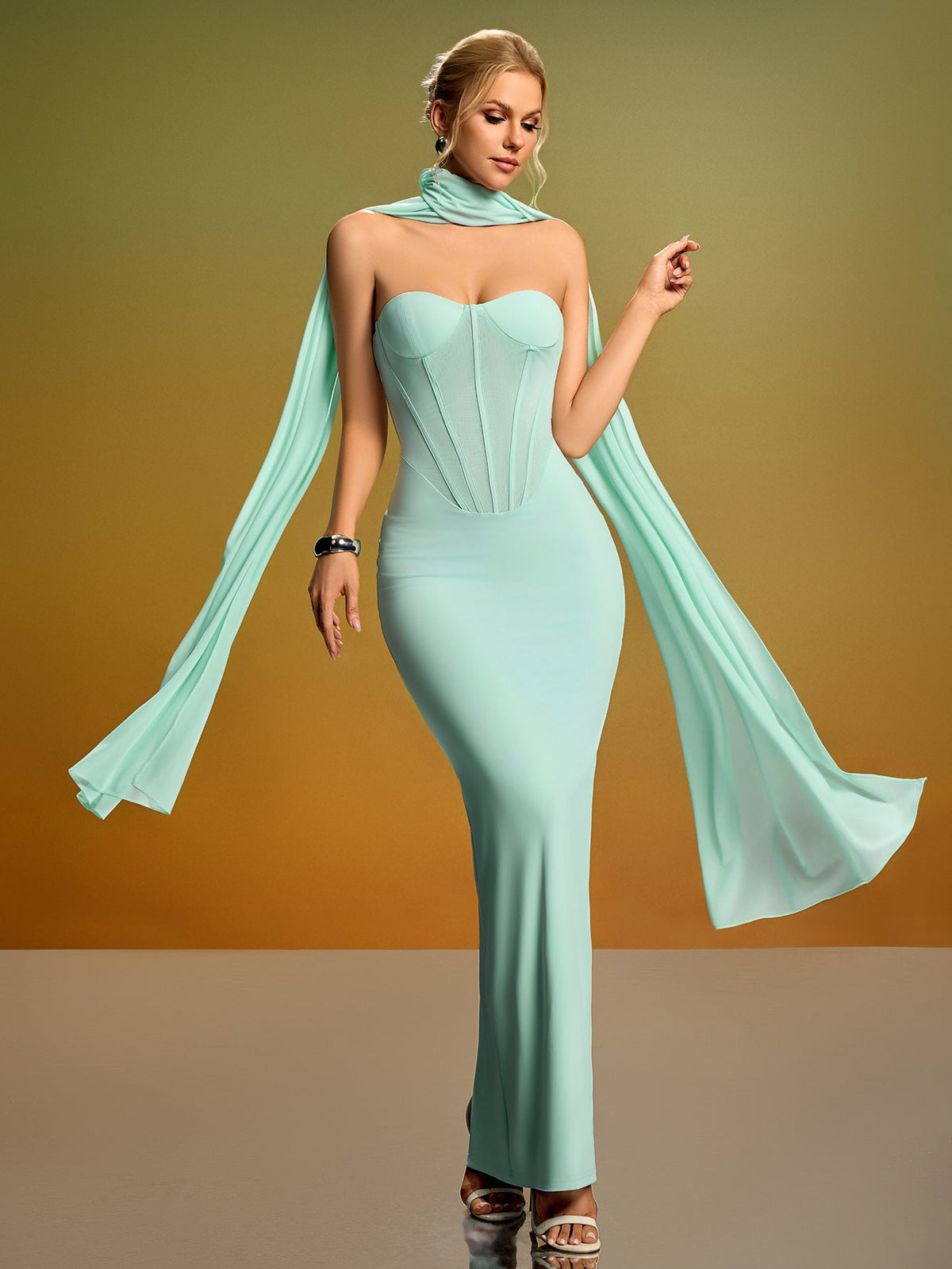 Strapless Bustier Maxi Dress with Scarf, detail view