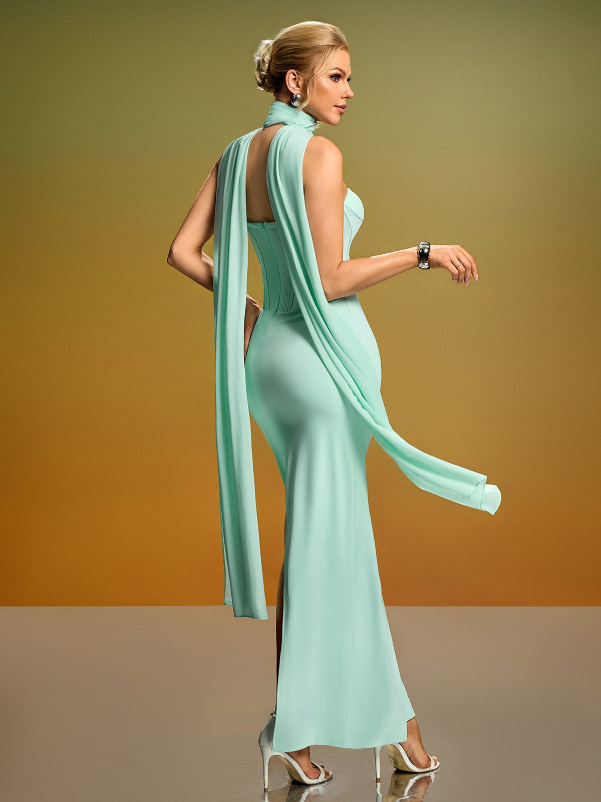 Strapless Bustier Maxi Dress with Scarf, side view