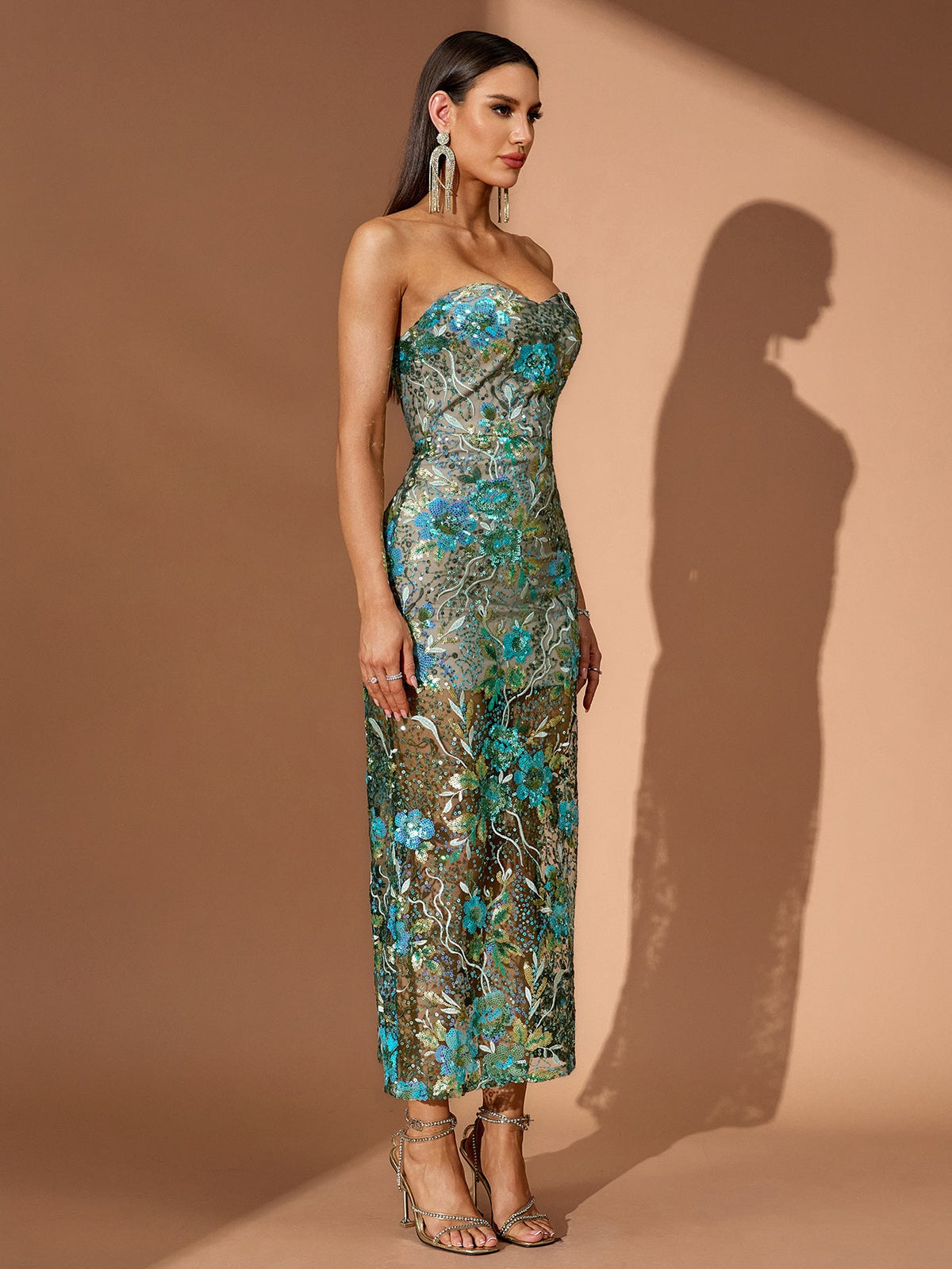 Strapless Dahlia Sequin Midi Dress, three-quarter view