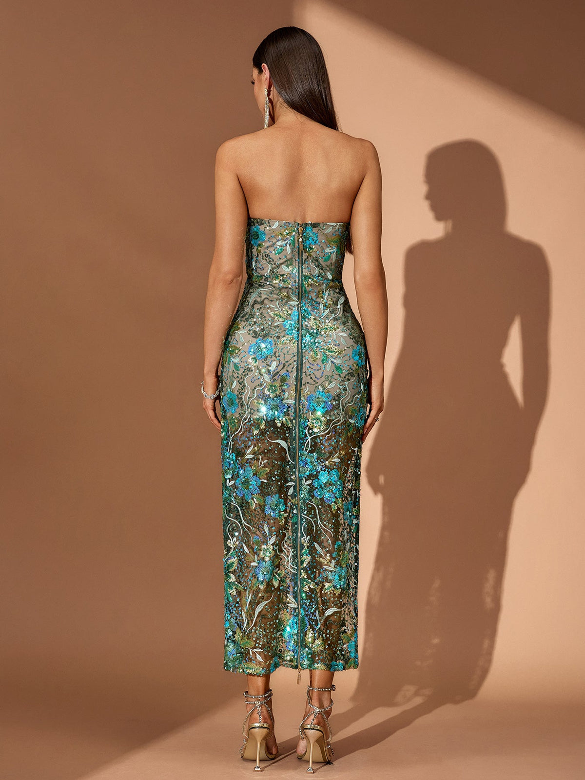 Strapless Dahlia Sequin Midi Dress, back view