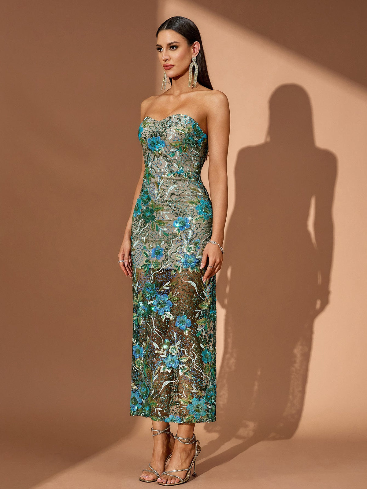 Strapless Dahlia Sequin Midi Dress, full-length styling view
