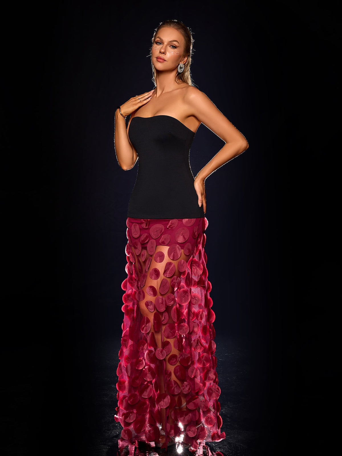 Black and red strapless mesh maxi dress, three-quarter front view
