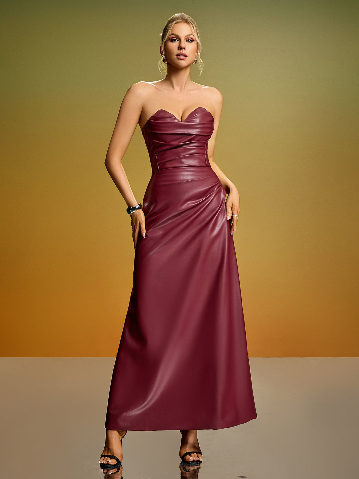 Strapless Faux Leather Corset Maxi Dress, front view