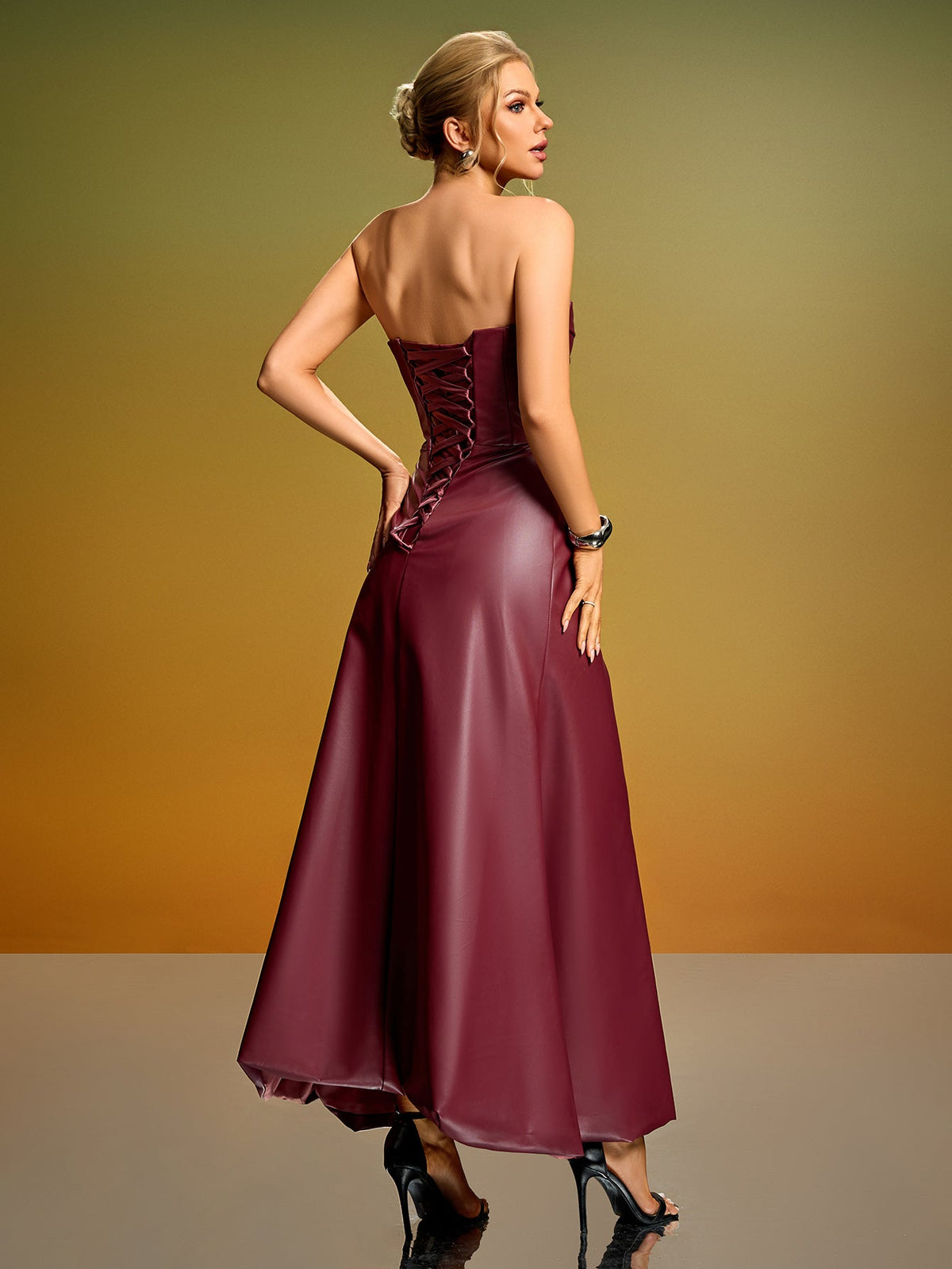 Strapless Faux Leather Corset Maxi Dress, side view