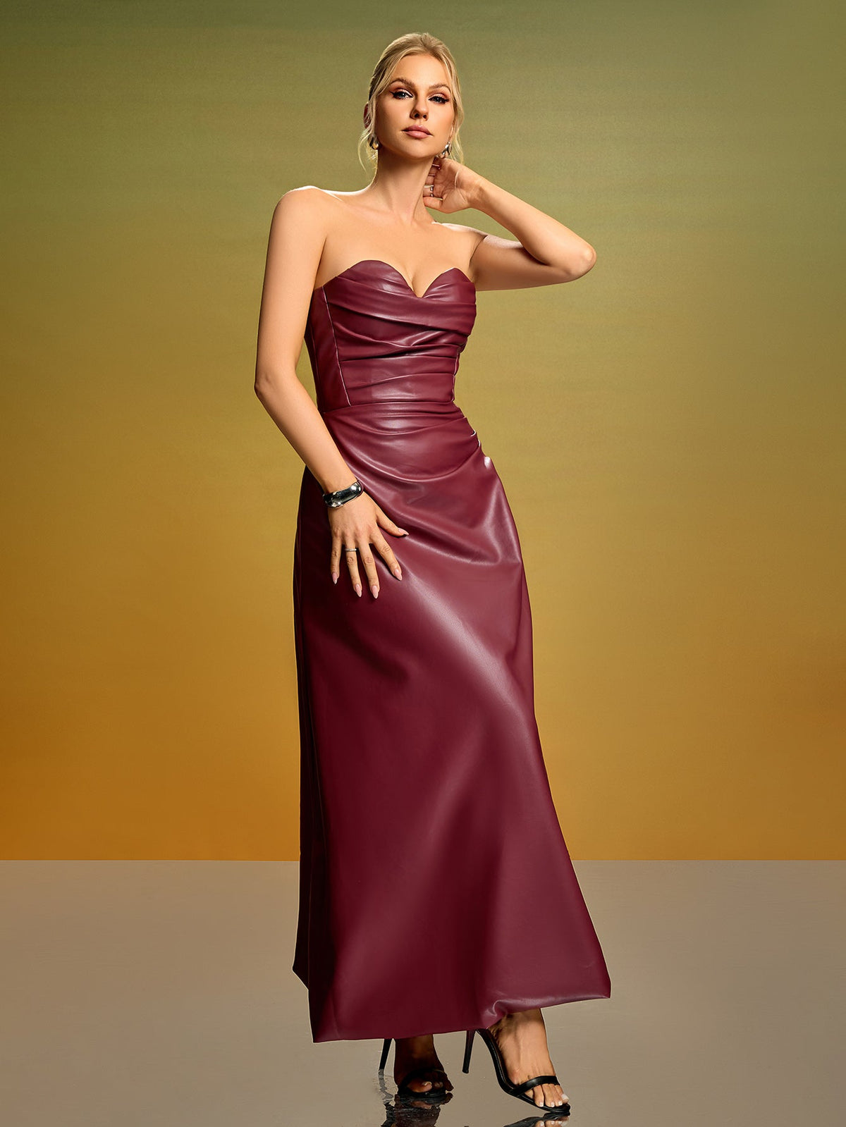 Strapless Faux Leather Corset Maxi Dress, back detail view