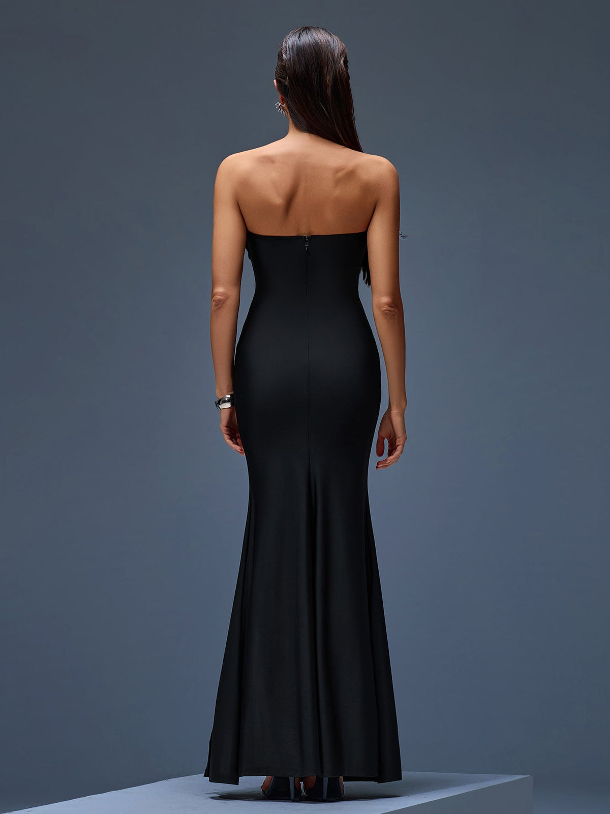 Strapless Feather High-Slit Maxi Dress, side view