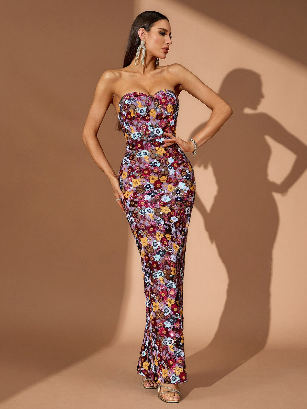Strapless Floral Sequin Bustier Maxi Dress, front view