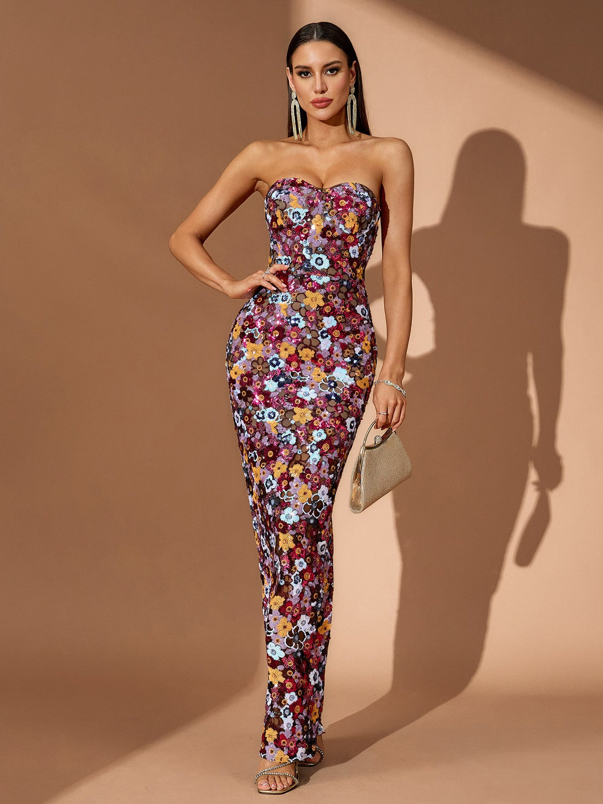 Strapless Floral Sequin Bustier Maxi Dress, side view