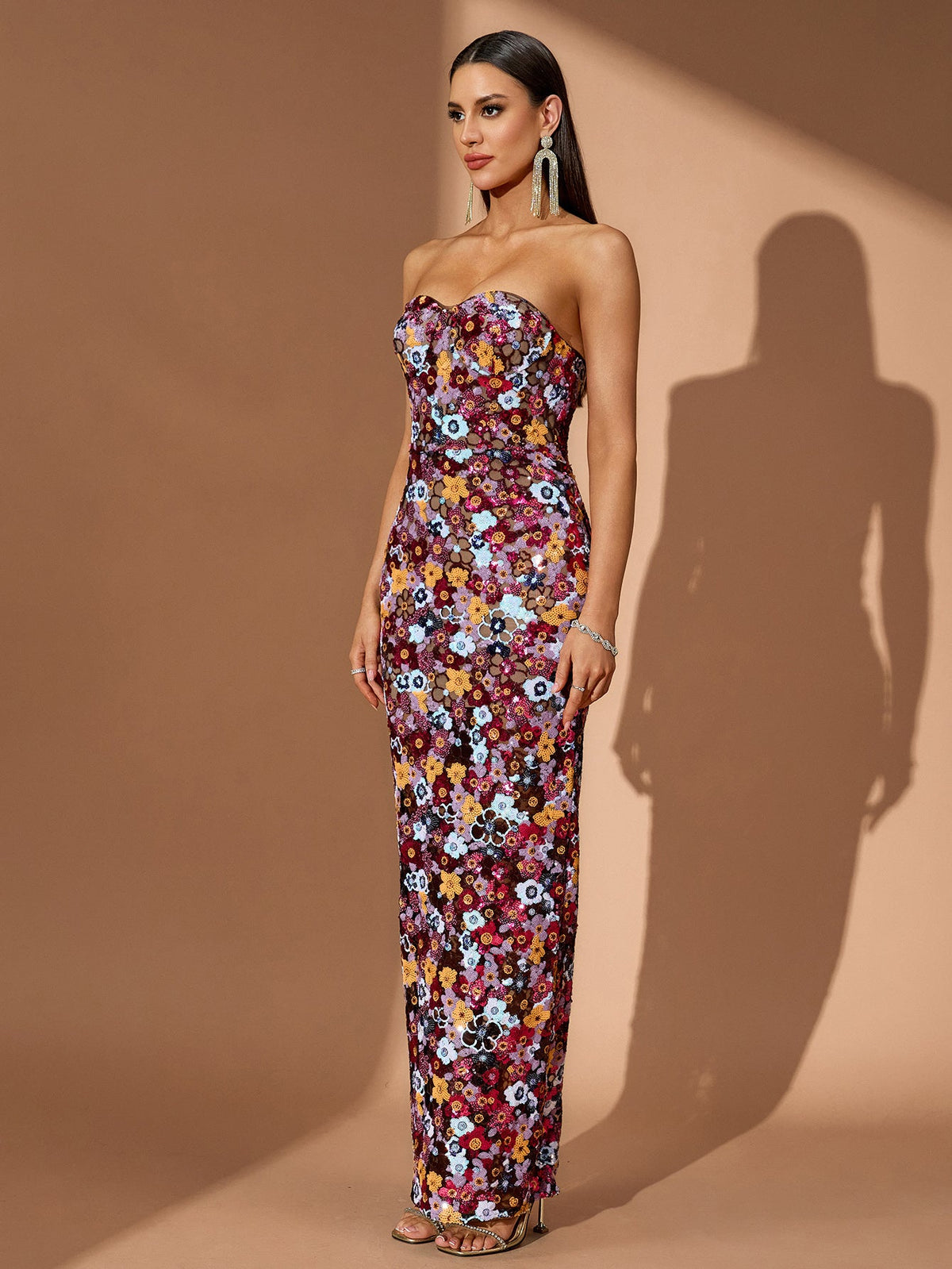 Strapless Floral Sequin Bustier Maxi Dress, full-length styling view